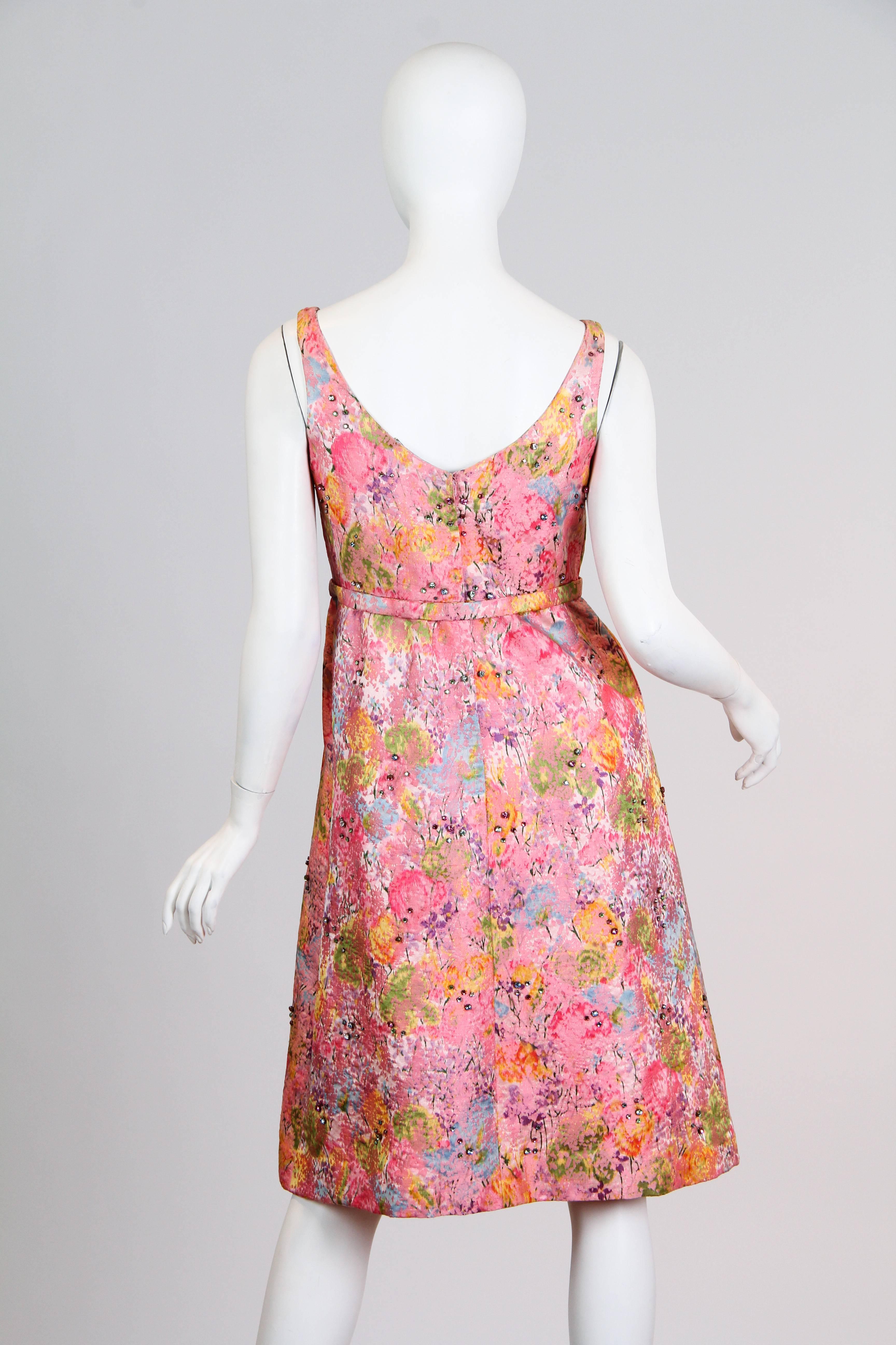 Women's 1960 Pink Silk Watercolor Floral Damask Cocktail Dress With Crystals For Sale