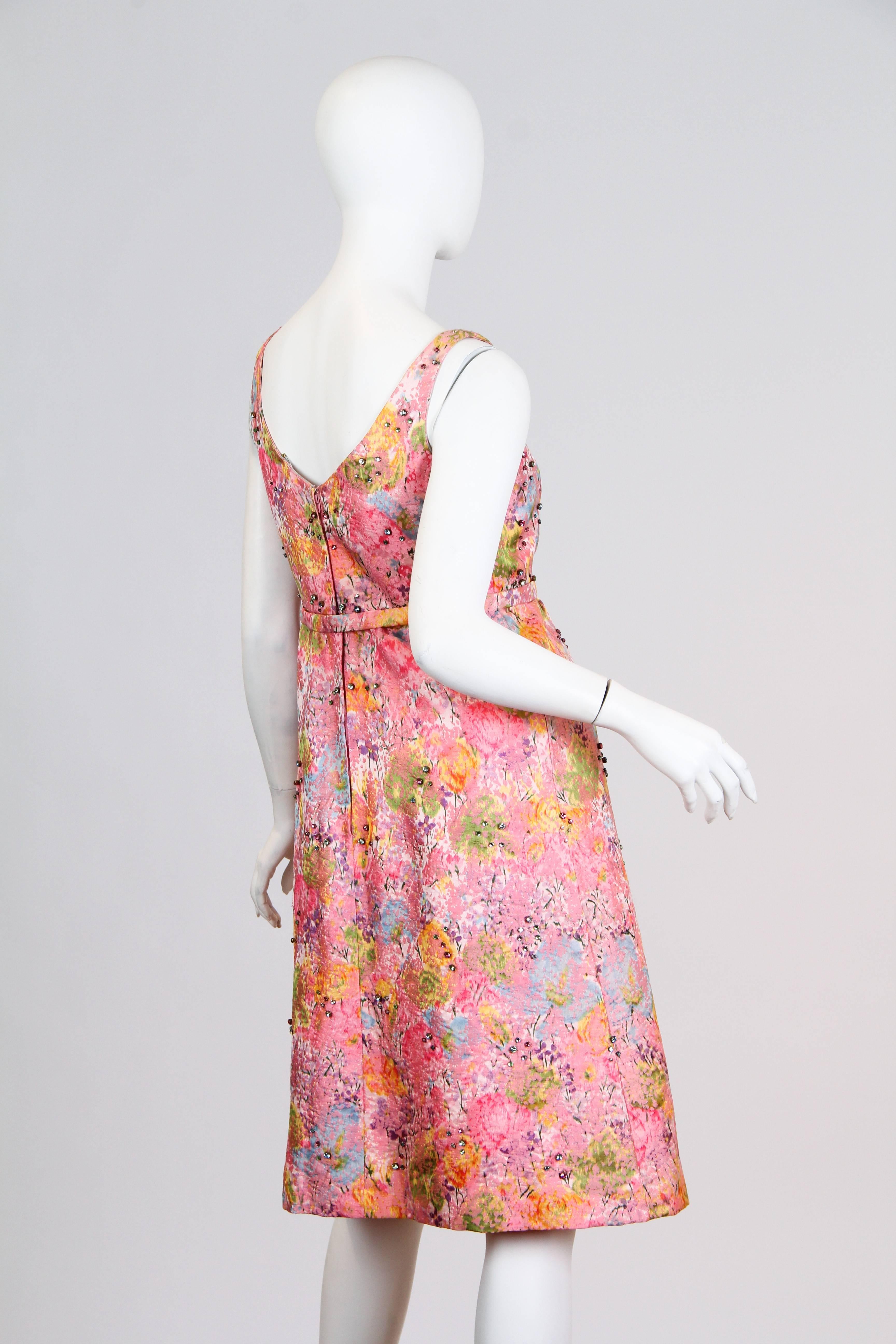 1960 Pink Silk Watercolor Floral Damask Cocktail Dress With Crystals In Excellent Condition For Sale In New York, NY