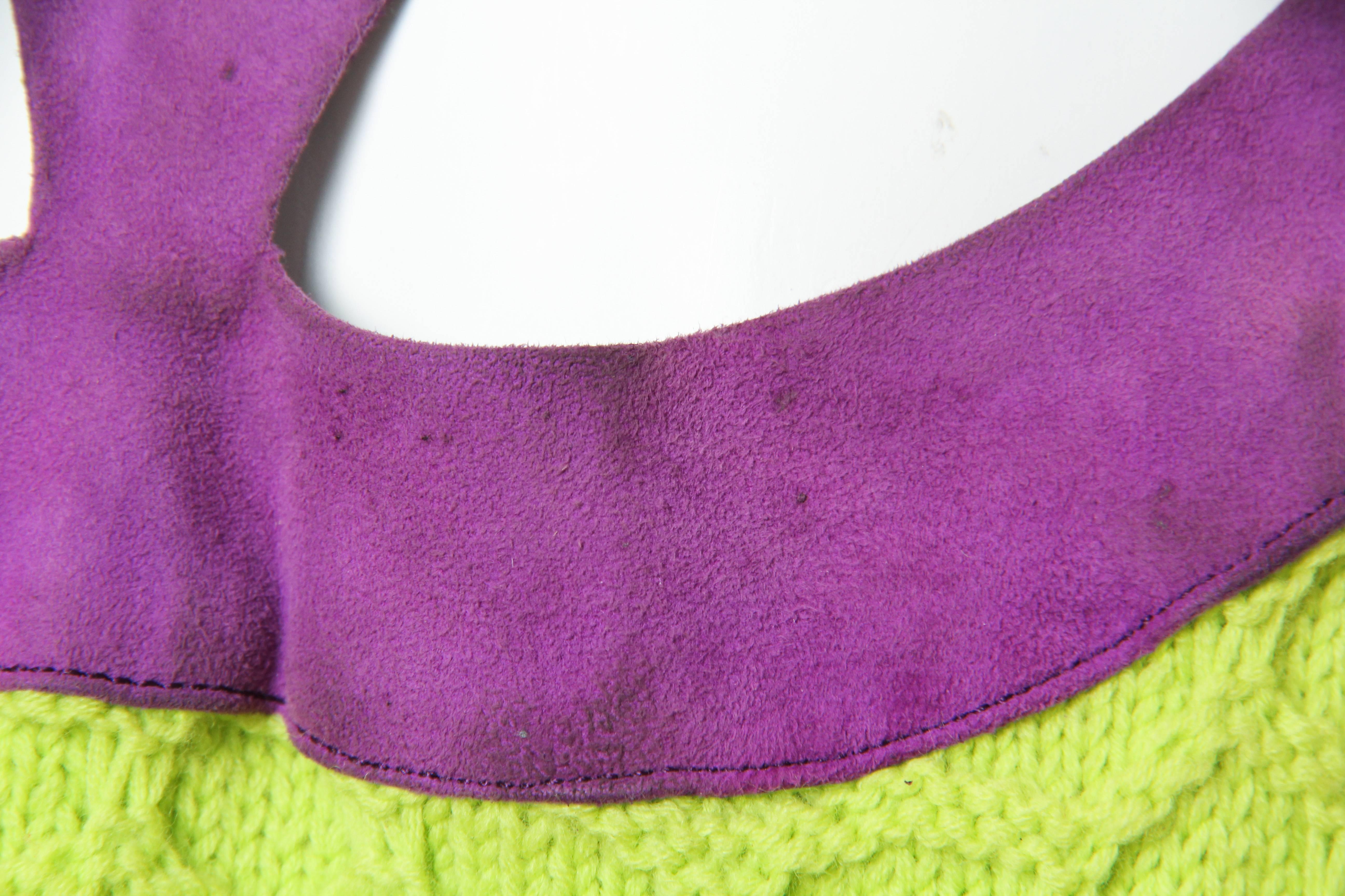Women's 1960S Lime Green & Purple Wool Knit Dress With Suede Neckline