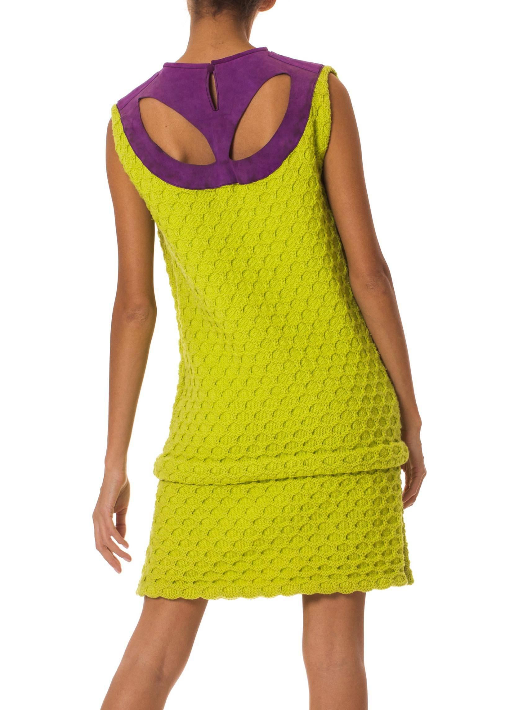 Yellow 1960S Lime Green & Purple Wool Knit Dress With Suede Neckline