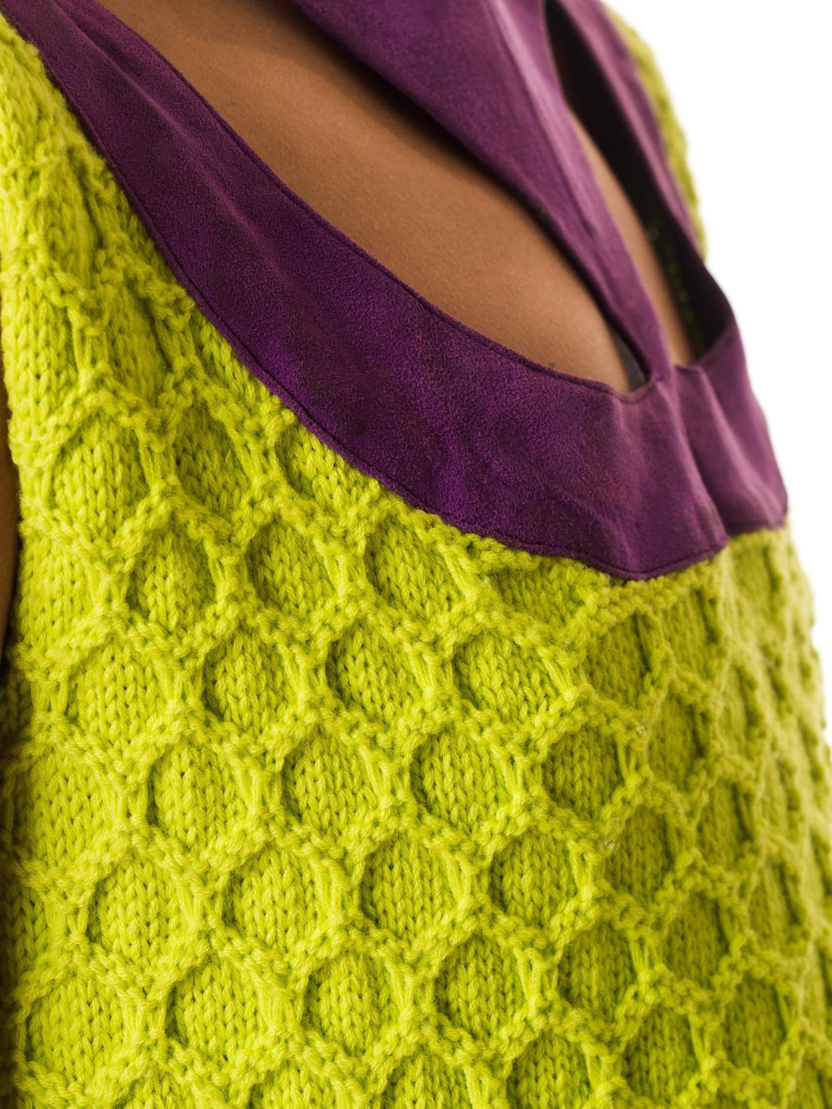 1960S Lime Green & Purple Wool Knit Dress With Suede Neckline In Excellent Condition In New York, NY
