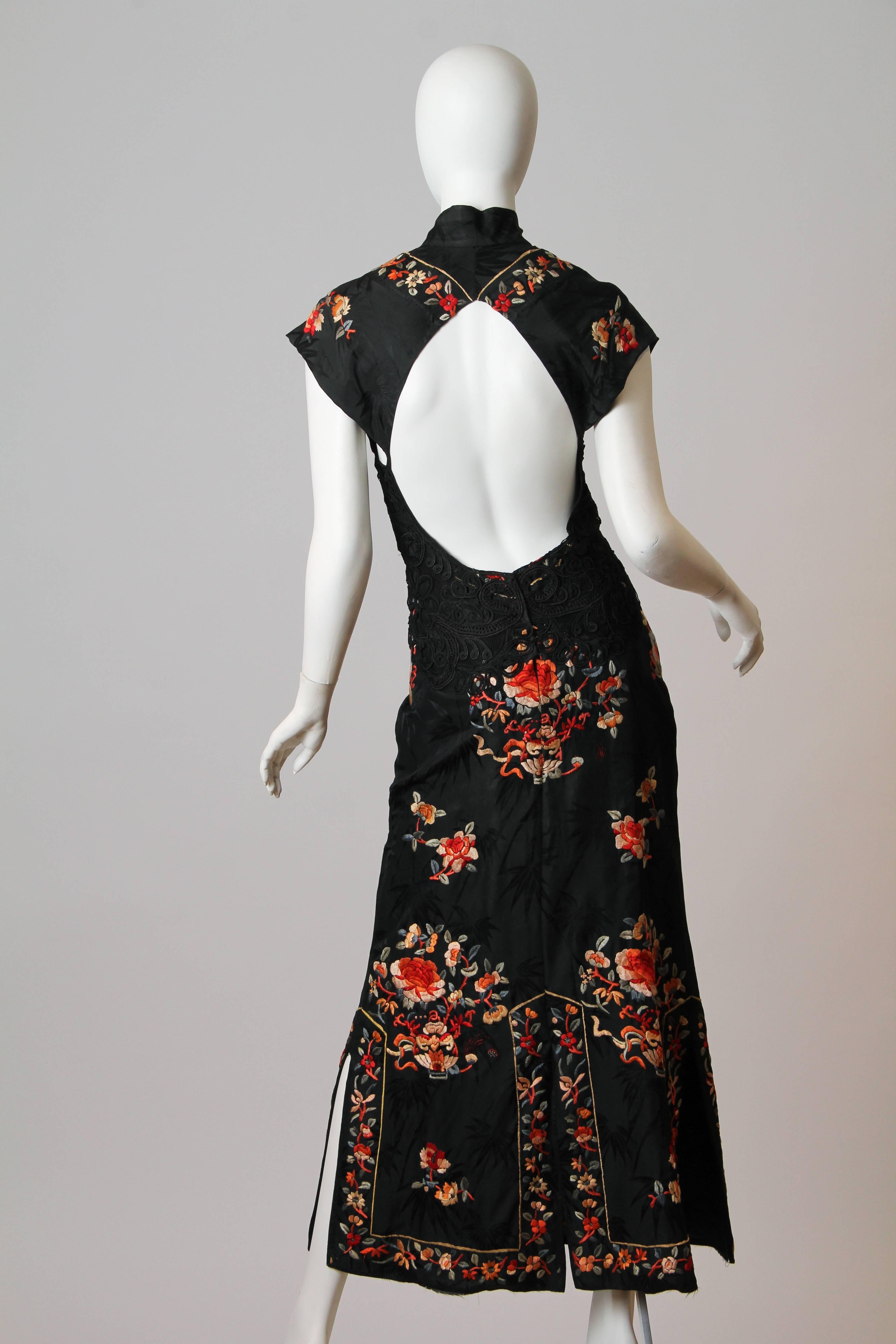 Black Backless Hand Embroidered Chinese Dress with Victorian Lace