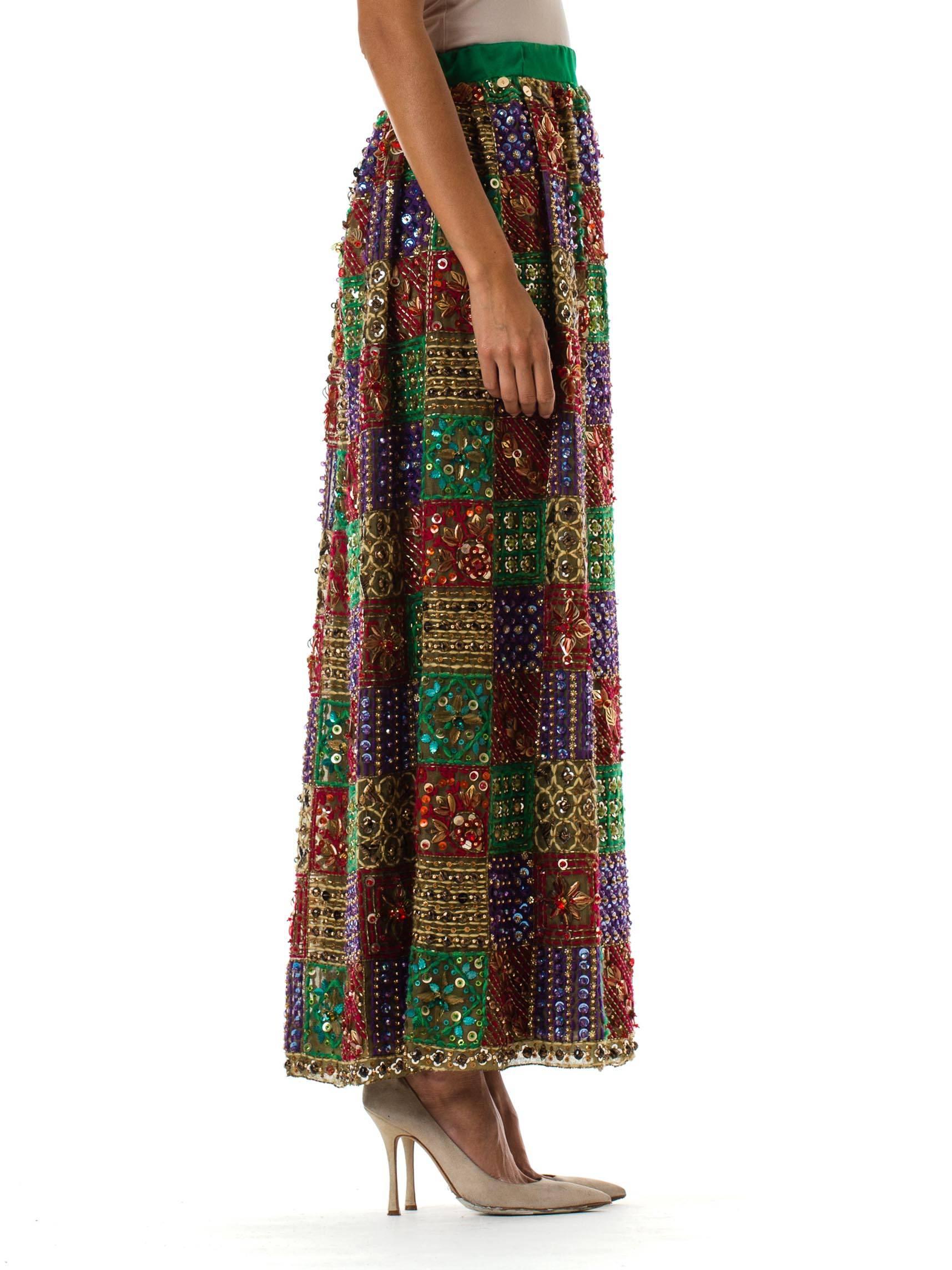 1960S MALCOLM STARR Jeweltone Silk Organza Fully Beaded And Embroidered Maxi Sk In Excellent Condition In New York, NY