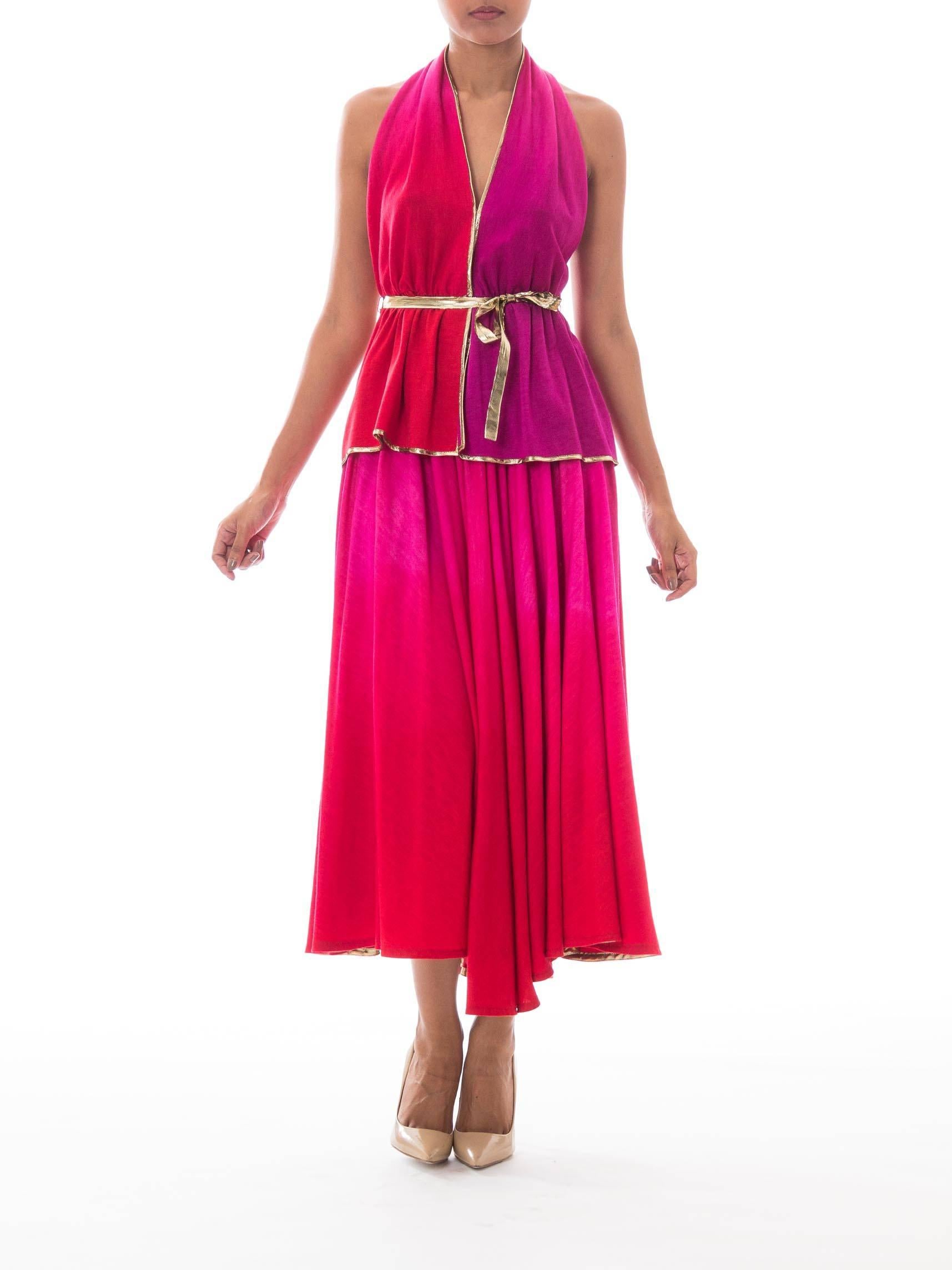 1970S GIORGIO SANT'angelo Rosa & Lila Wolle Jersey Ombré gefärbt Halter Top Rock Kleid Ensemble mit Gold Lurex Trim