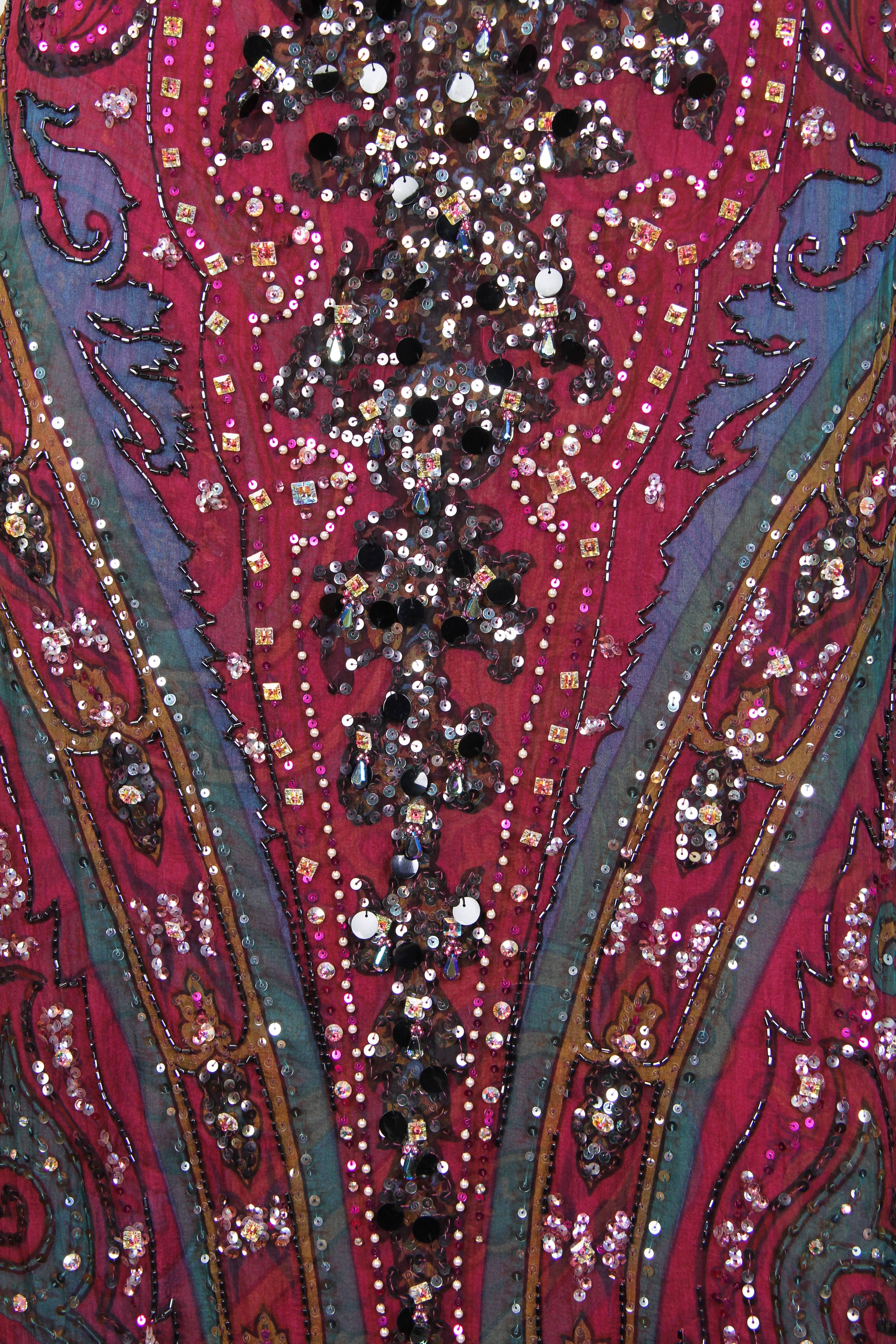 1970S GALANOS Cranberry Red Paisley Silk Chiffon Empire Waist Crystal Beaded Go For Sale 3