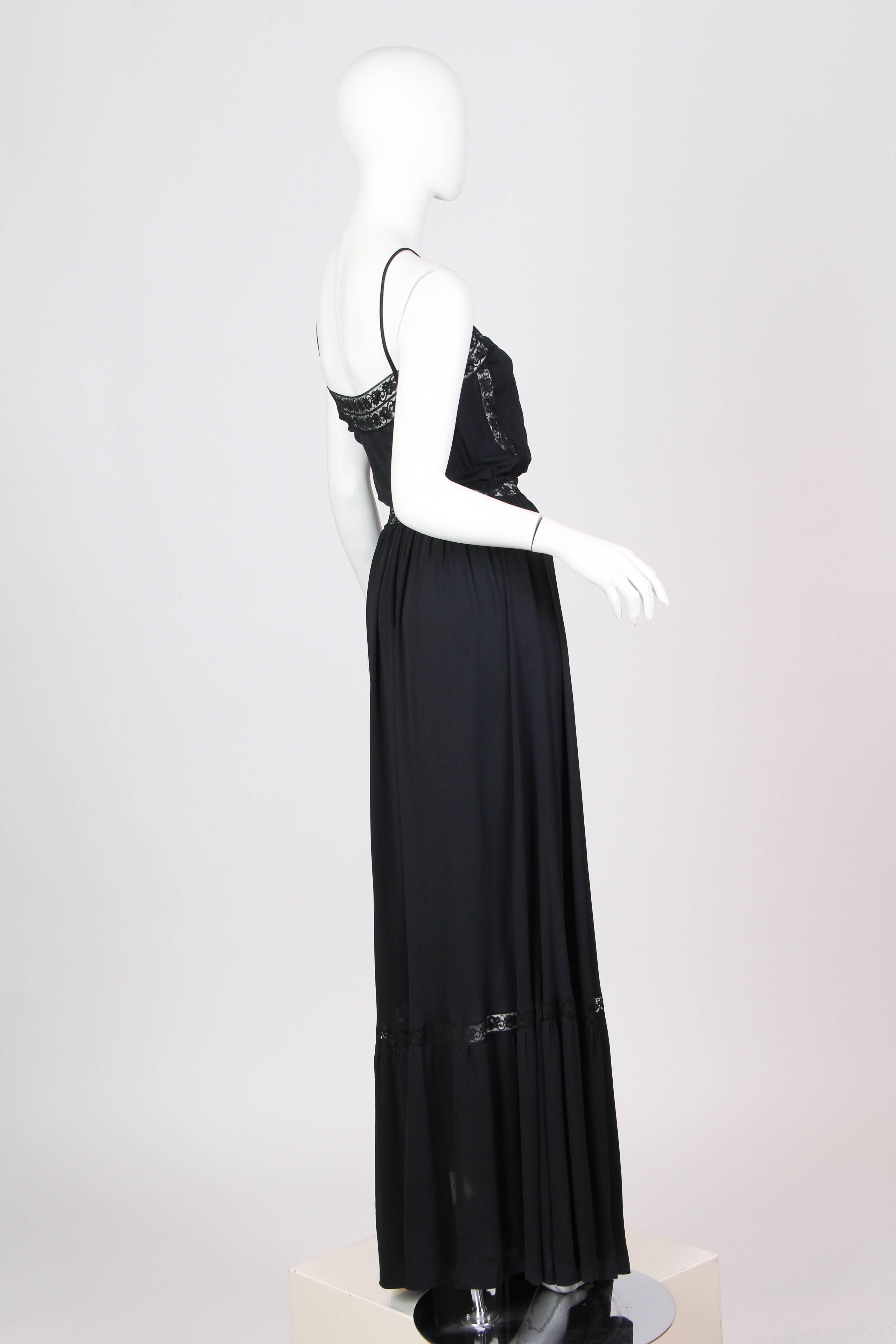 Black Early Vicky Tiel 1970s Lace and Silk Jersey Boho Dress