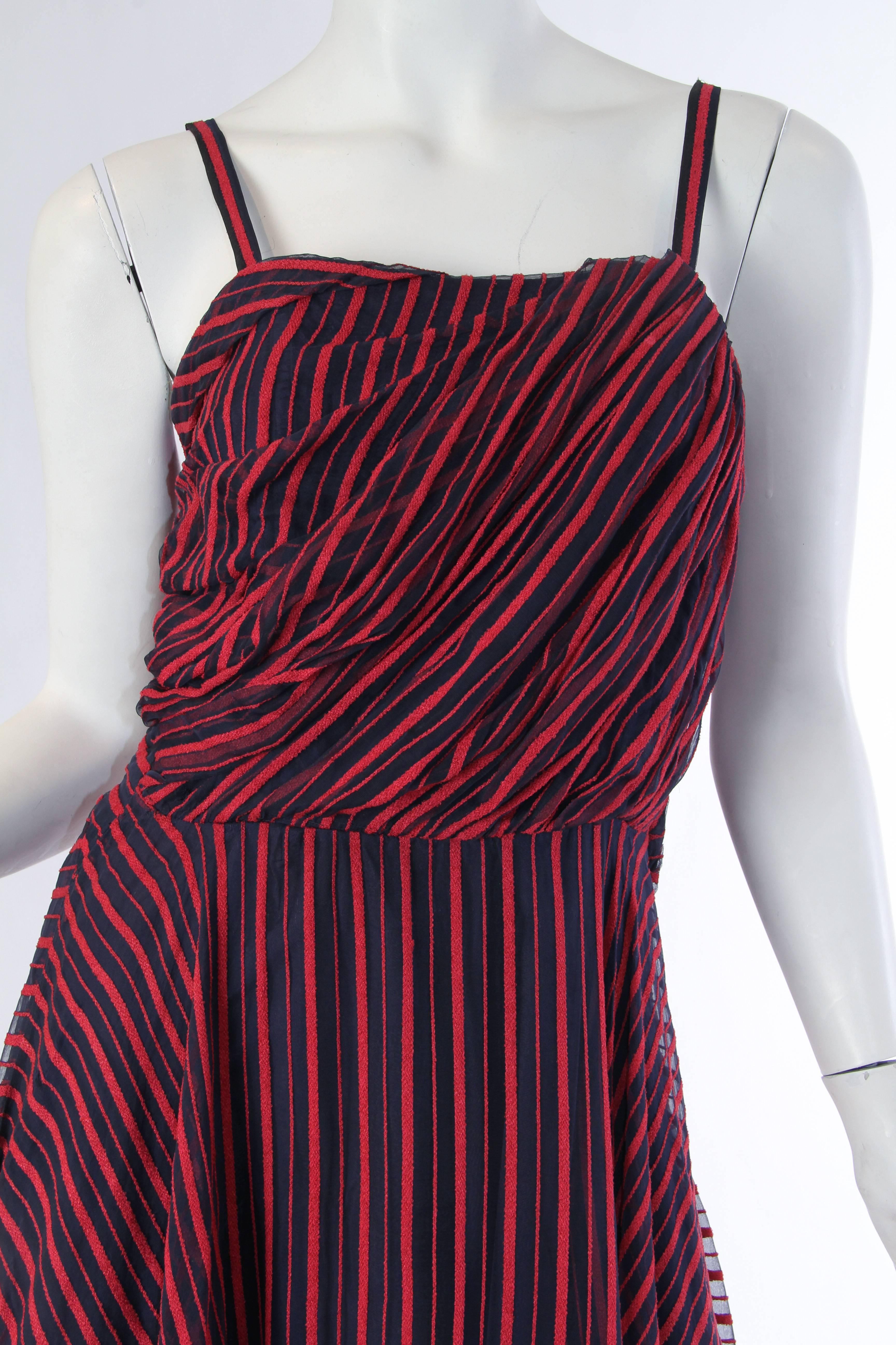 1940S Red & Navy Silk Striped Organza Gown With Full Ballroom Swing Skirt Drape For Sale 3