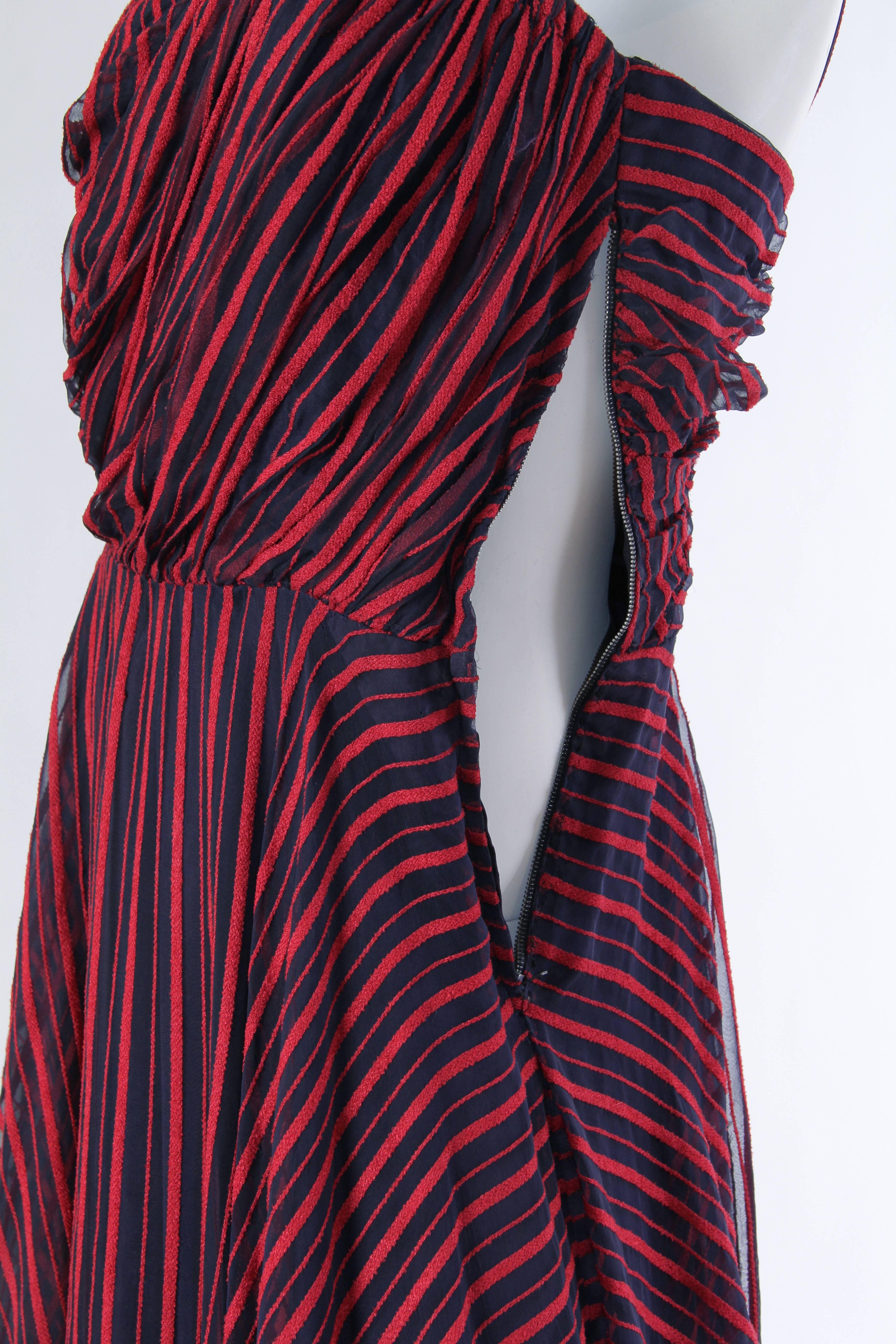 1940S Red & Navy Silk Striped Organza Gown With Full Ballroom Swing Skirt Drape For Sale 4