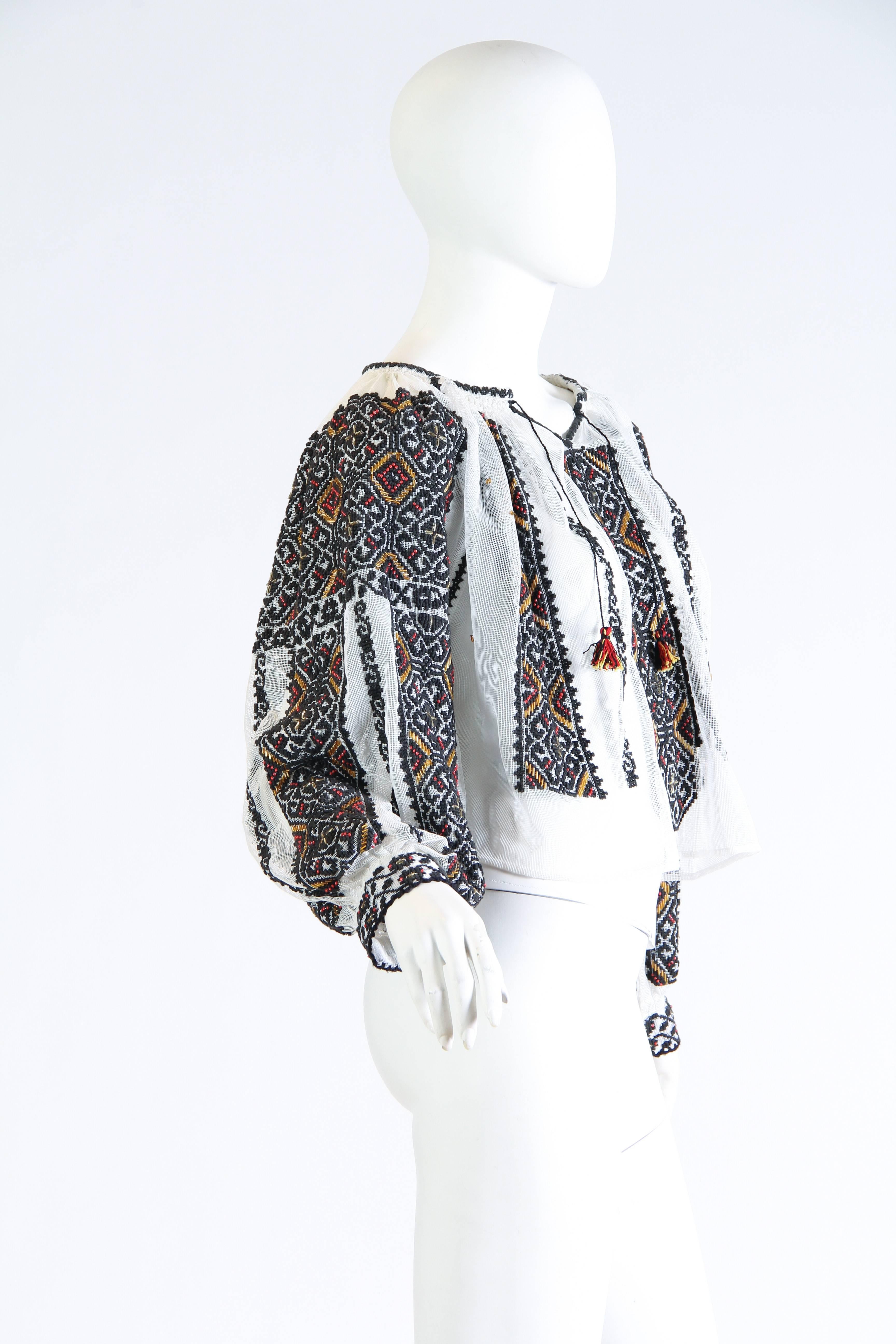 Gray Hand Embroidered and Beaded Bohemian Blouse