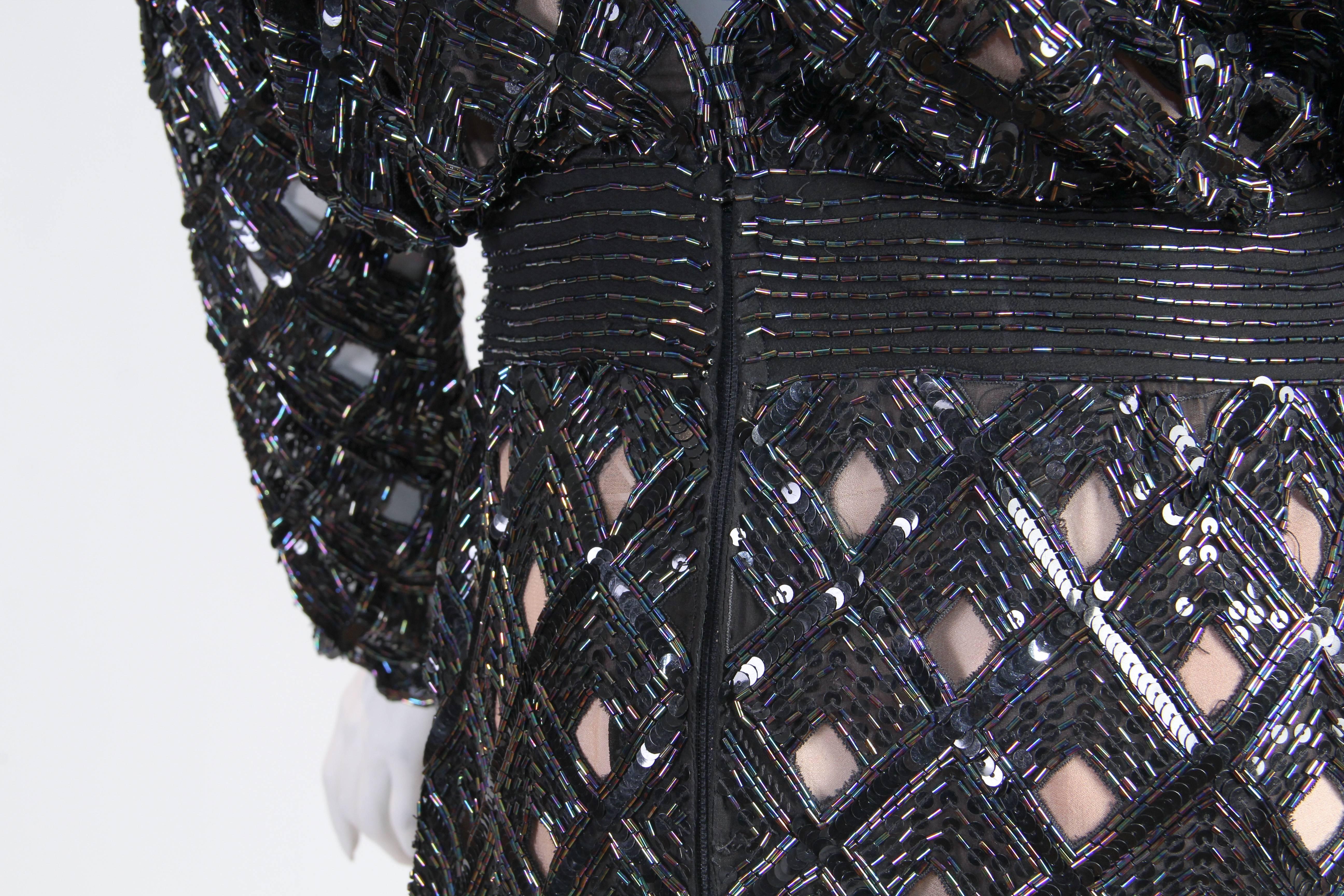 1970S BOB MACKIE Black Beaded Silk Geometric Cut Out Low & Backless Gown For Sale 6