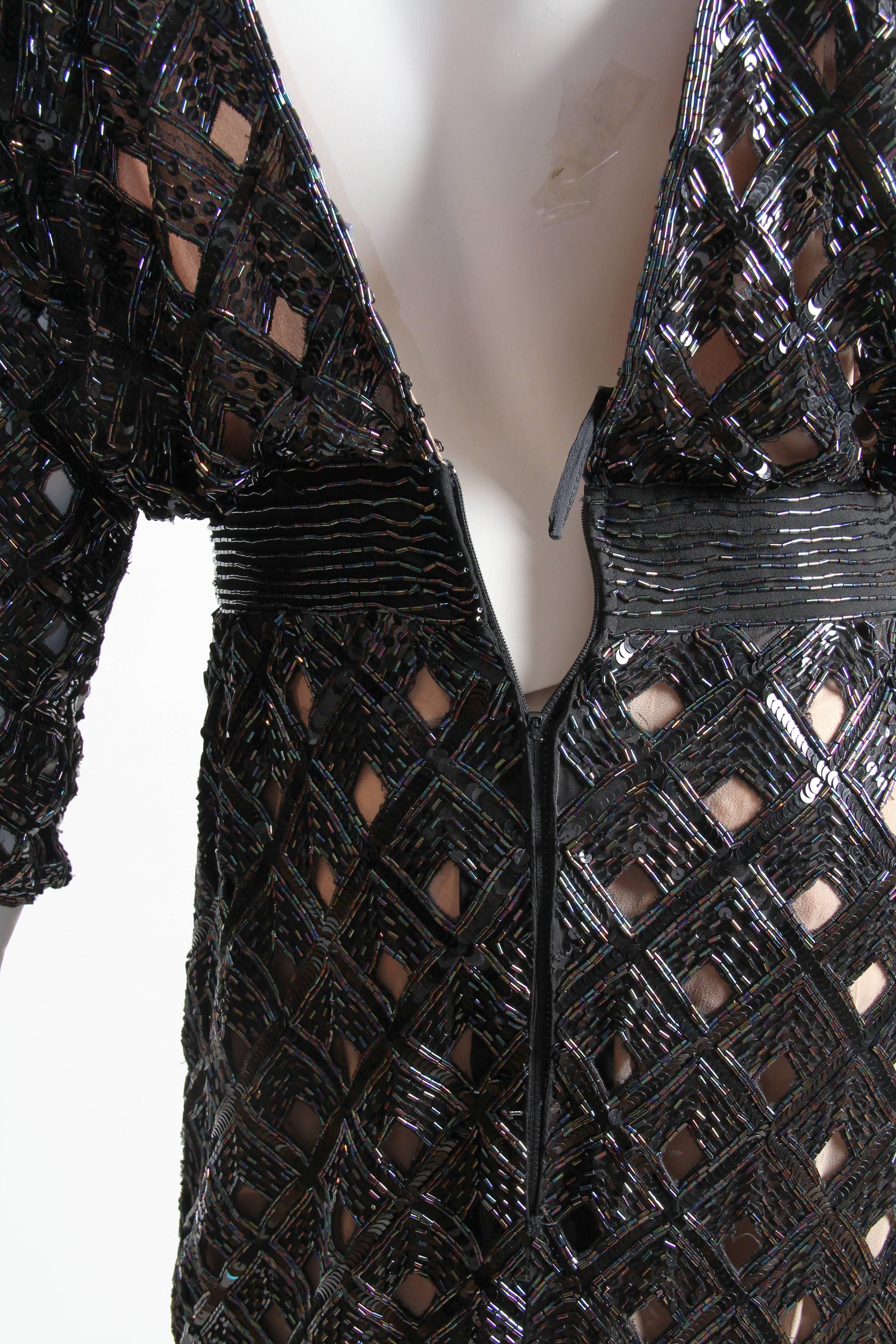 1970S BOB MACKIE Black Beaded Silk Geometric Cut Out Low & Backless Gown For Sale 5