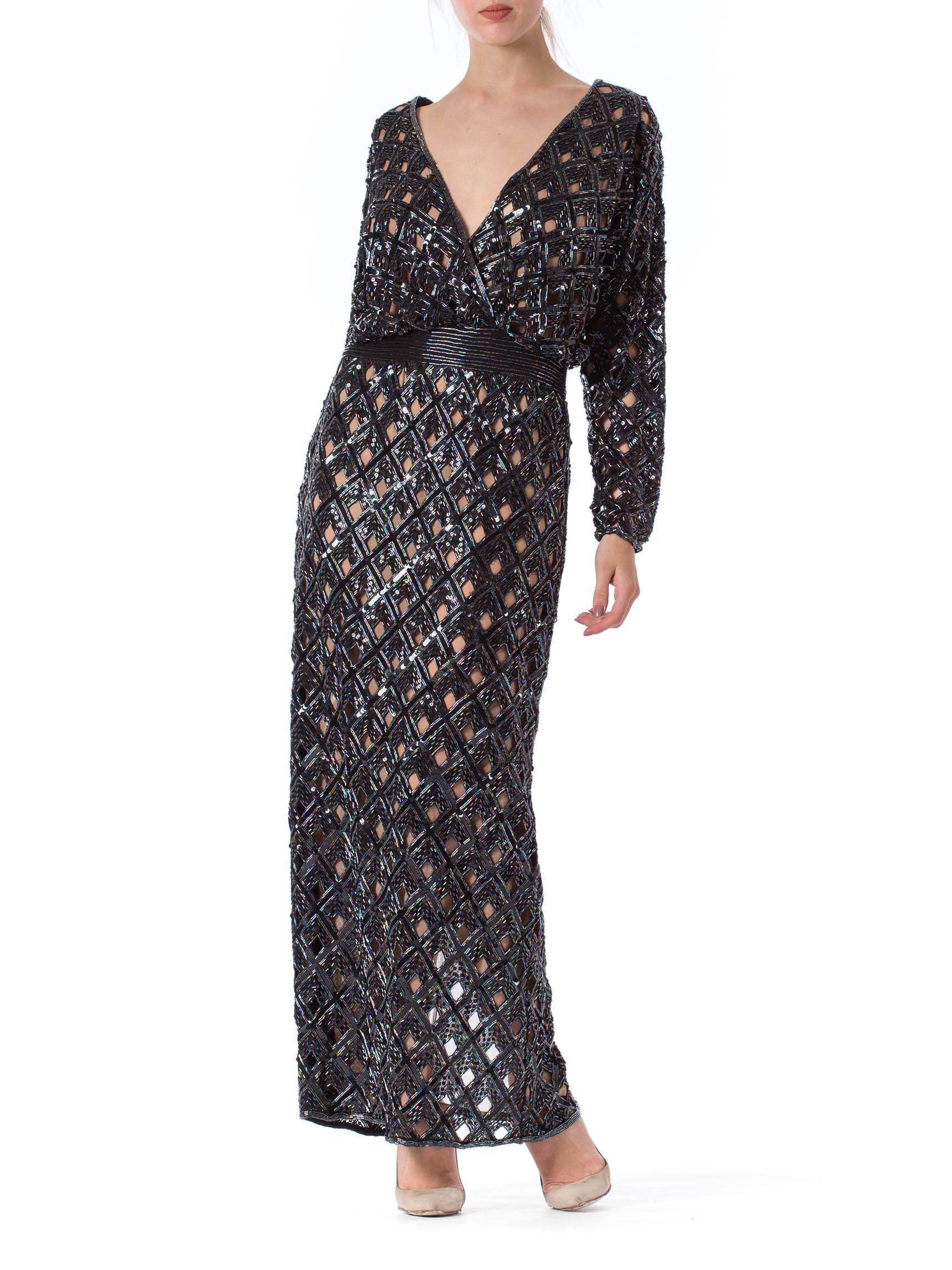 Women's 1970S BOB MACKIE Black Beaded Silk Geometric Cut Out Low & Backless Gown For Sale