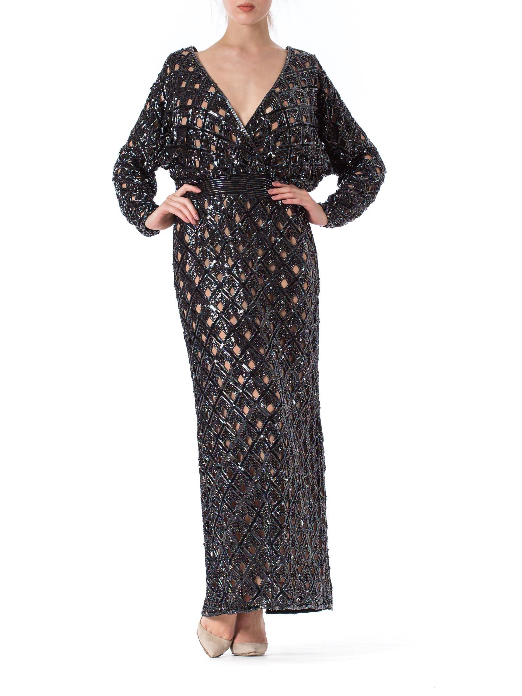 1970S BOB MACKIE Black Beaded Silk Geometric Cut Out Low & Backless Gown In Excellent Condition For Sale In New York, NY