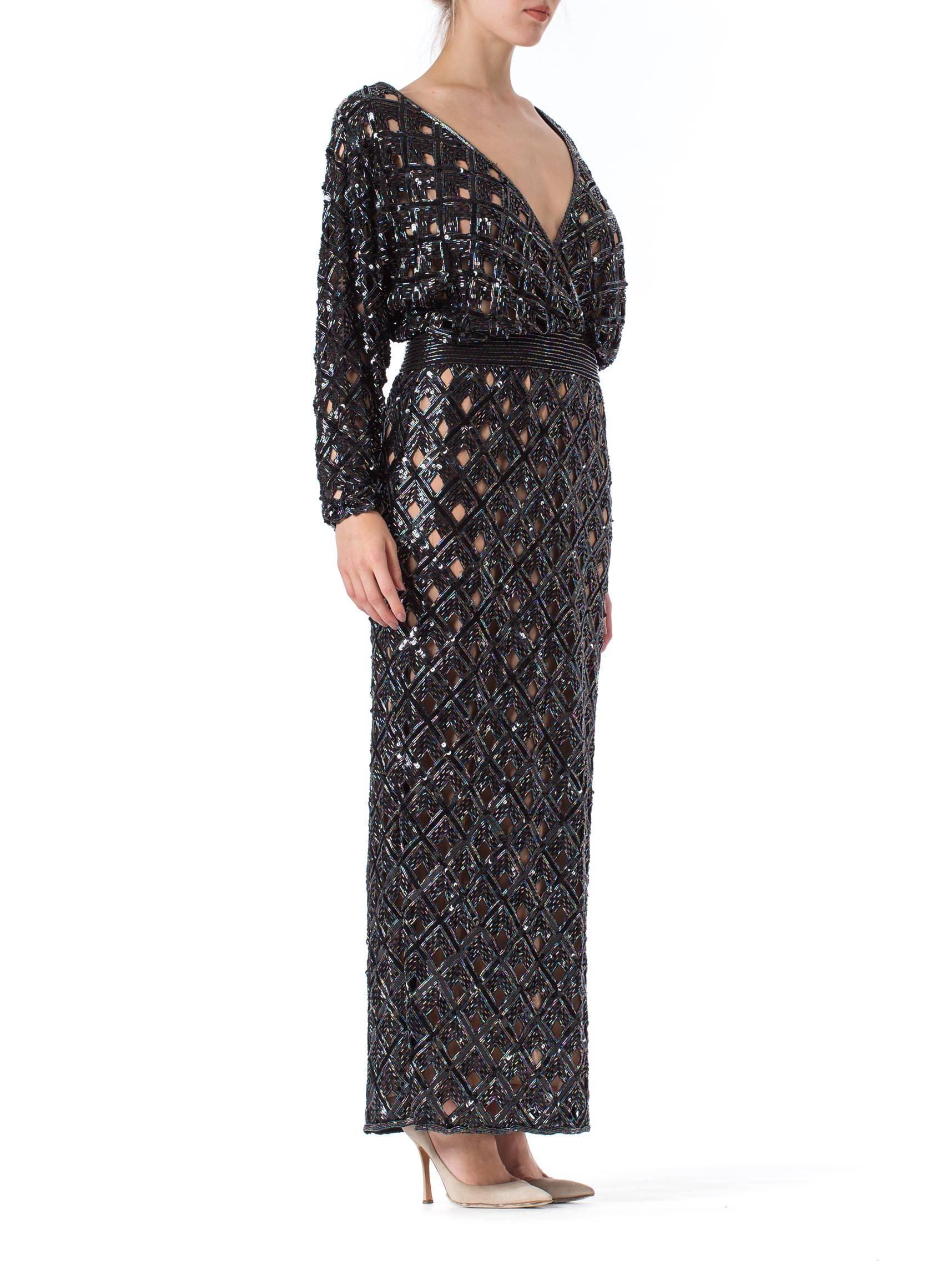 1970S BOB MACKIE Black Beaded Silk Geometric Cut Out Low & Backless Gown For Sale 1