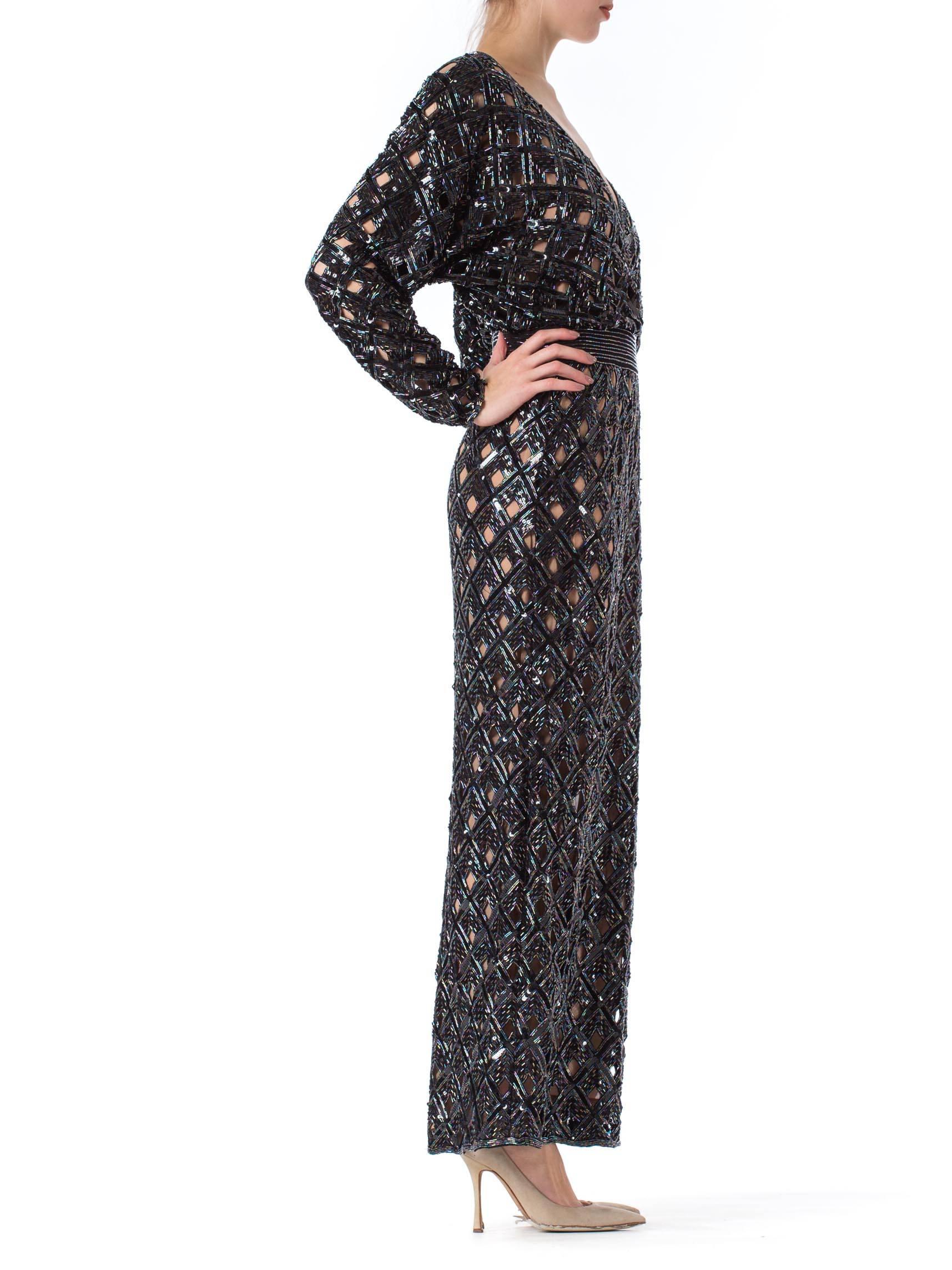 1970S BOB MACKIE Black Beaded Silk Geometric Cut Out Low & Backless Gown For Sale 2