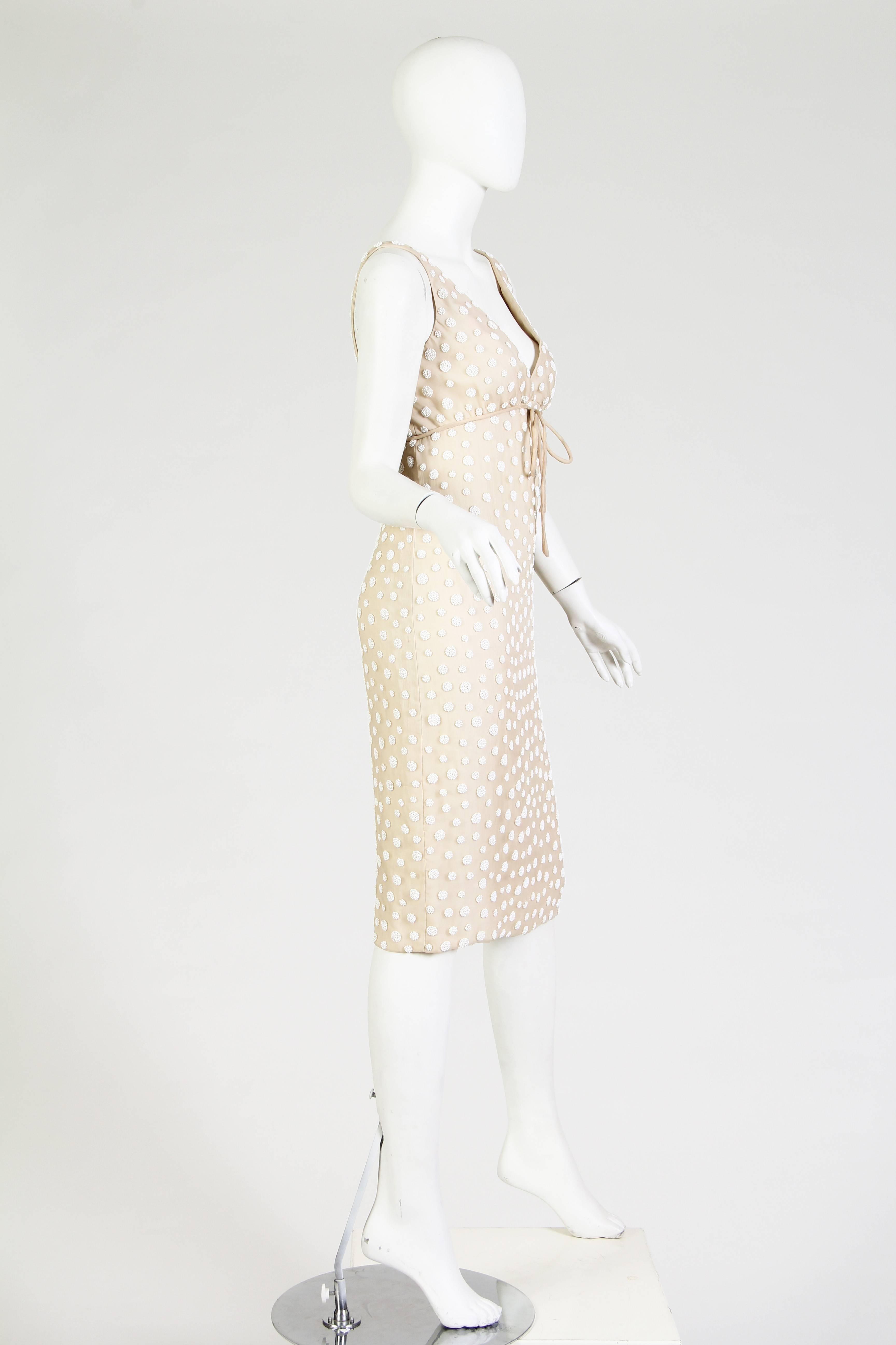 Beige 1960S LARRY ALDRICH White & Ivory Silk Chiffon Polka Dot Beaded Cocktail Dress