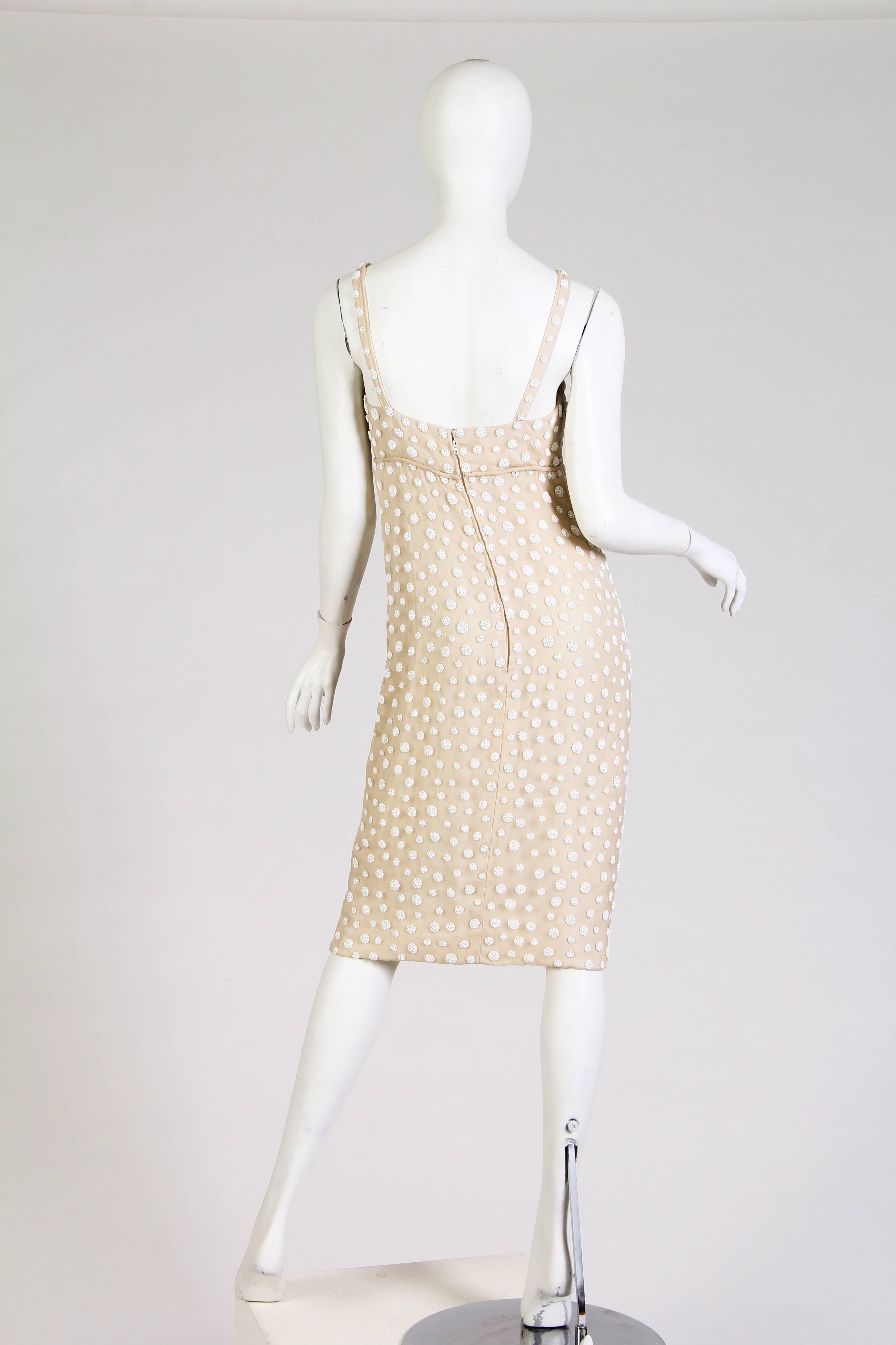 Women's 1960S LARRY ALDRICH White & Ivory Silk Chiffon Polka Dot Beaded Cocktail Dress