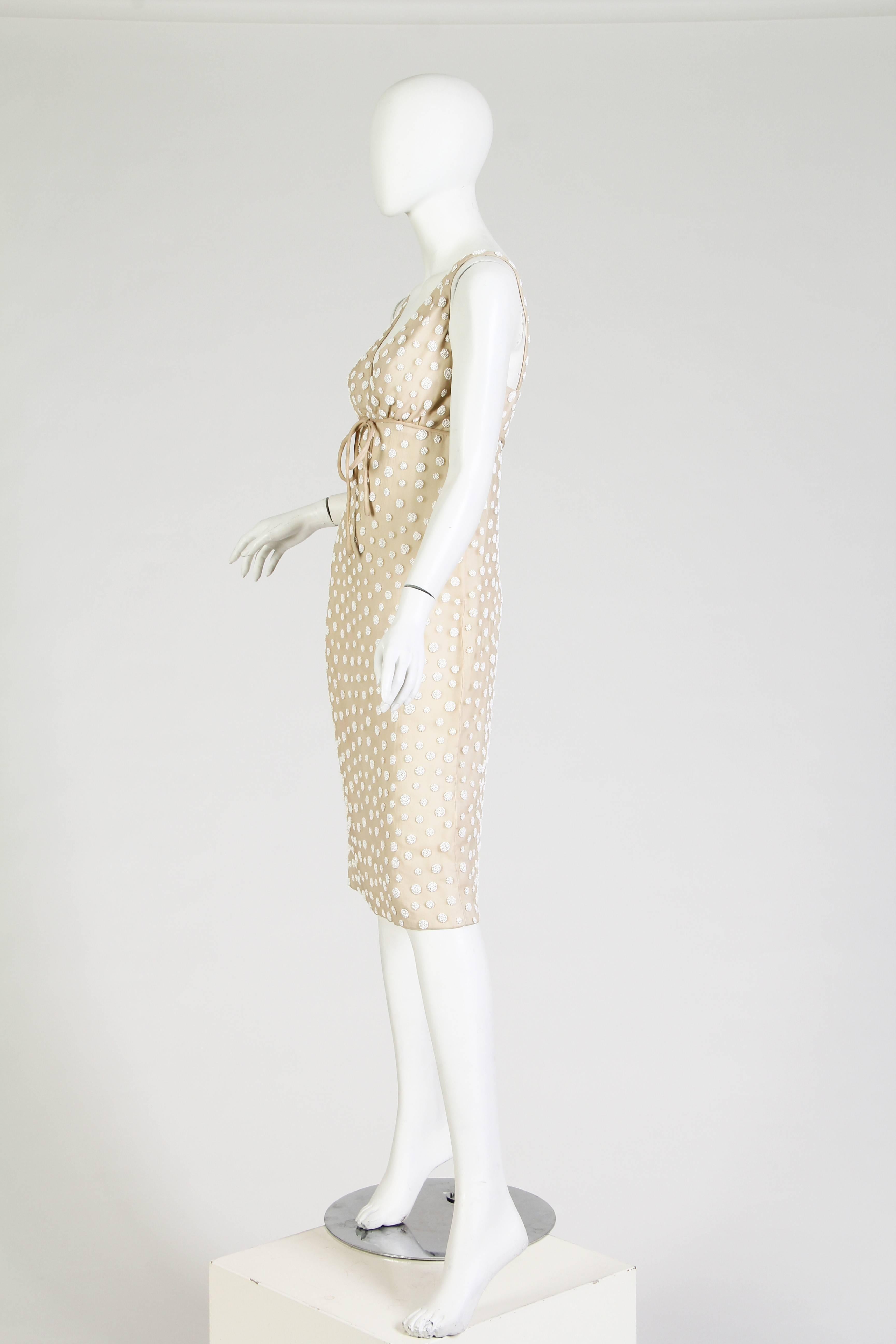 1960S LARRY ALDRICH White & Ivory Silk Chiffon Polka Dot Beaded Cocktail Dress 2