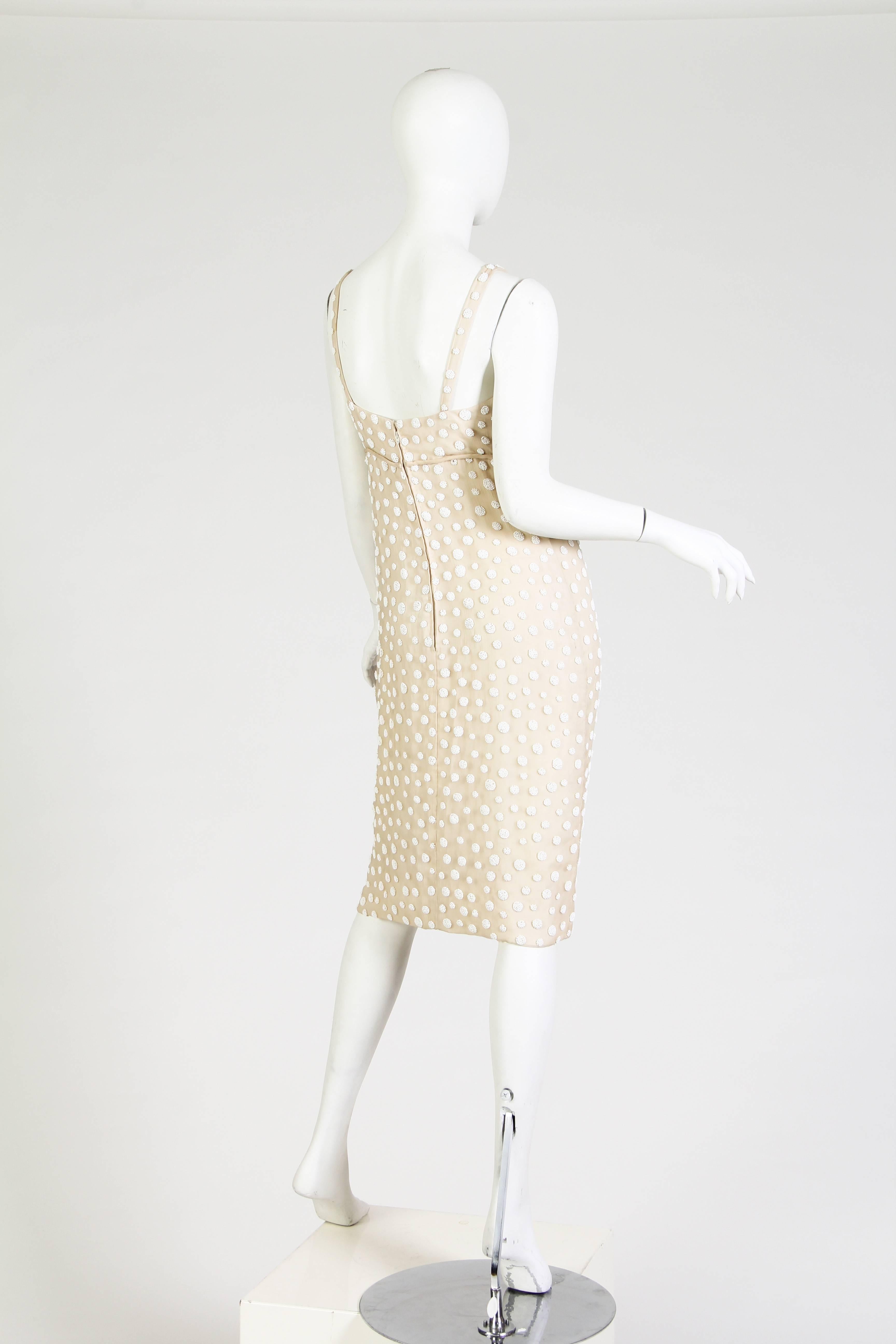 1960S LARRY ALDRICH White & Ivory Silk Chiffon Polka Dot Beaded Cocktail Dress 1