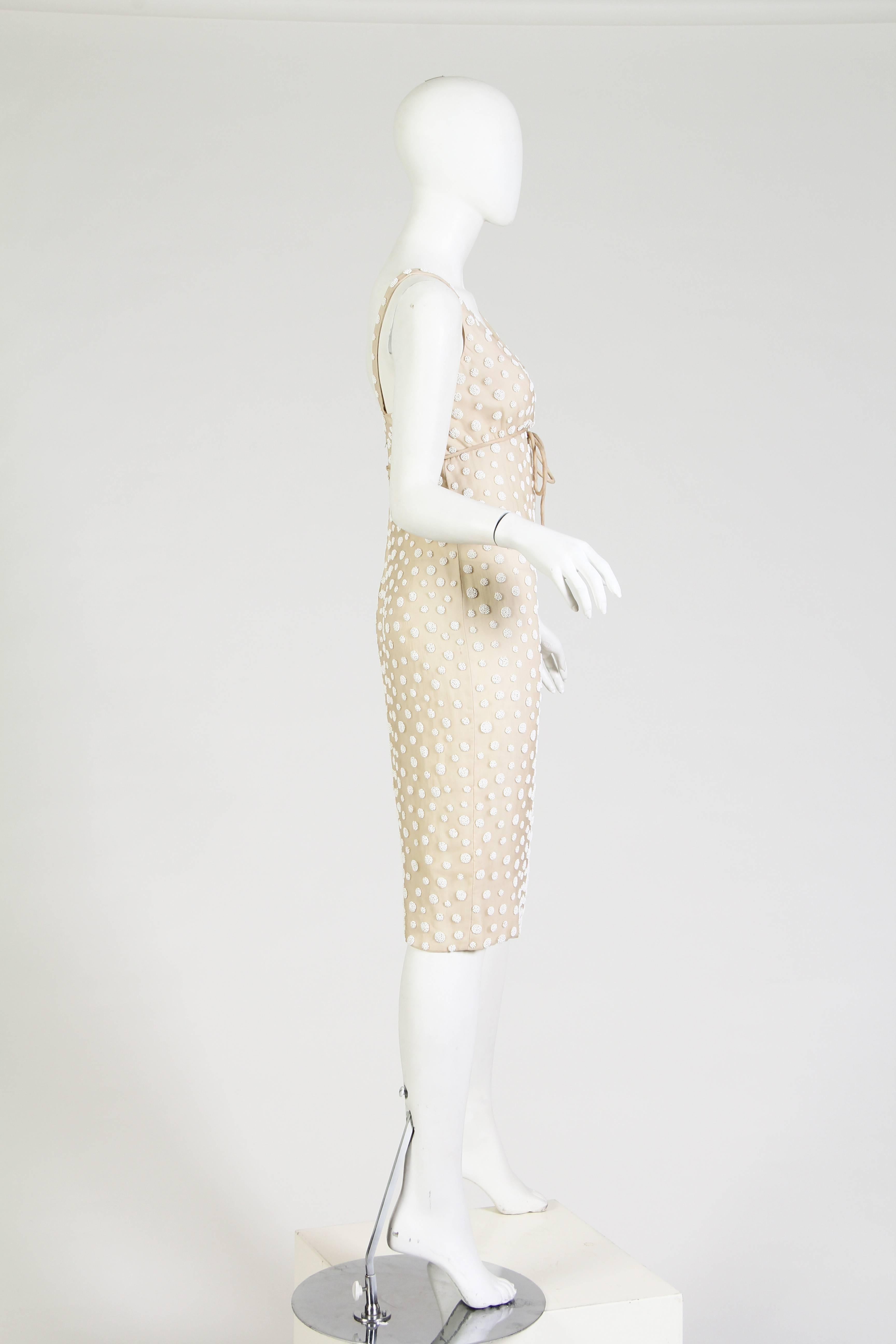 1960S LARRY ALDRICH White & Ivory Silk Chiffon Polka Dot Beaded Cocktail Dress In Excellent Condition In New York, NY