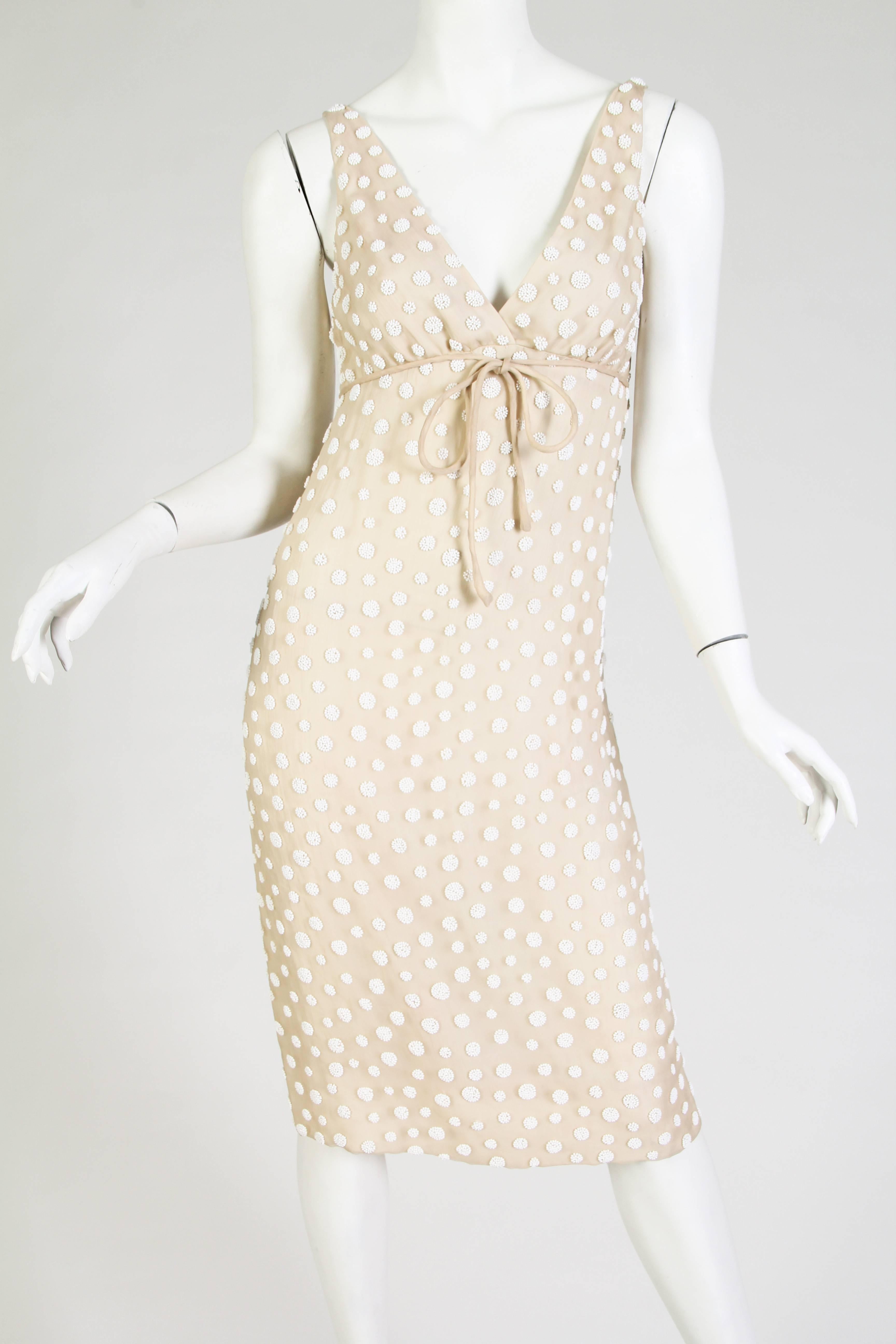1960S LARRY ALDRICH White & Ivory Silk Chiffon Polka Dot Beaded Cocktail Dress 3