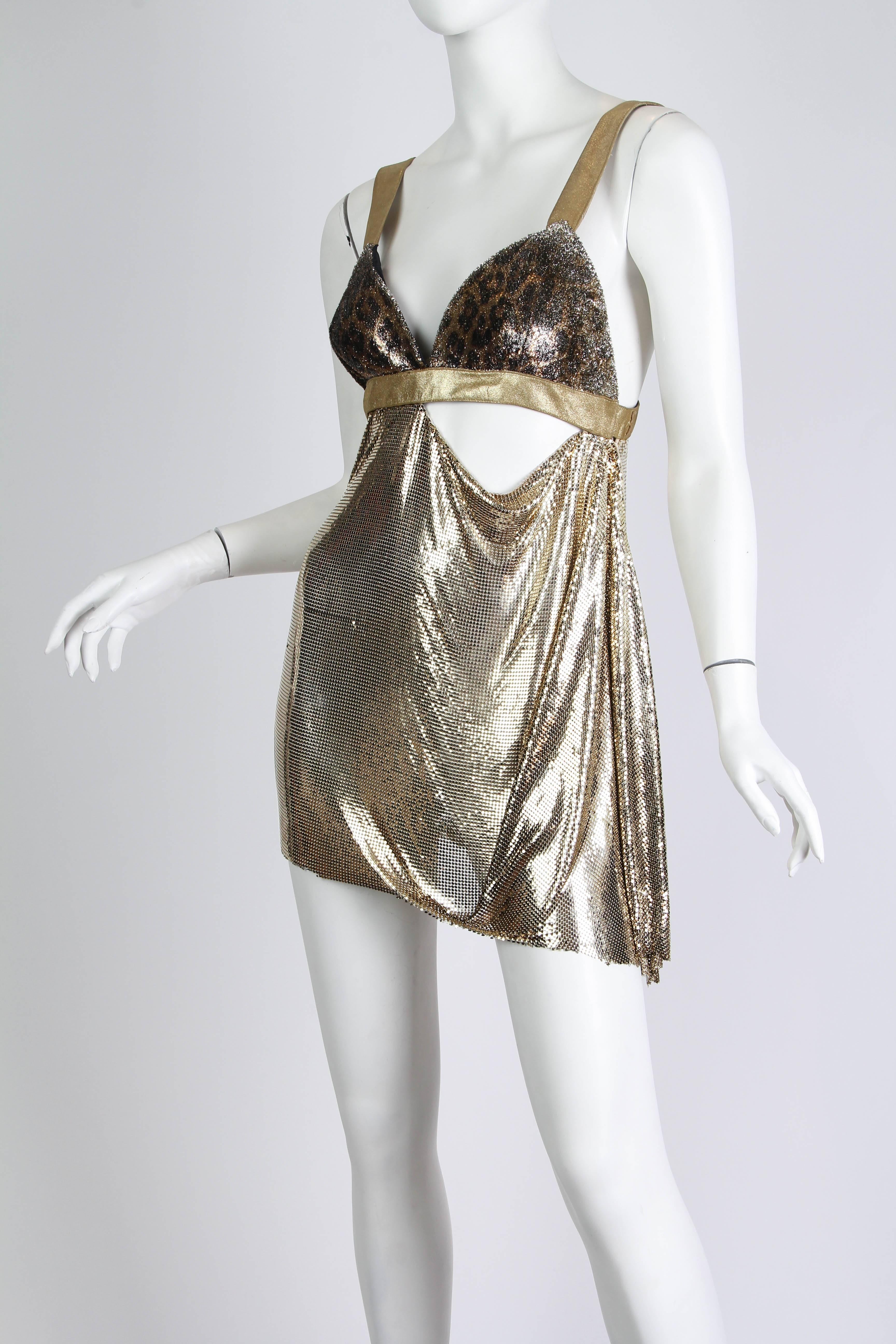 Women's 1990s Gianni Versace Gold Metal Mesh and Leopard Ad Campaign dress