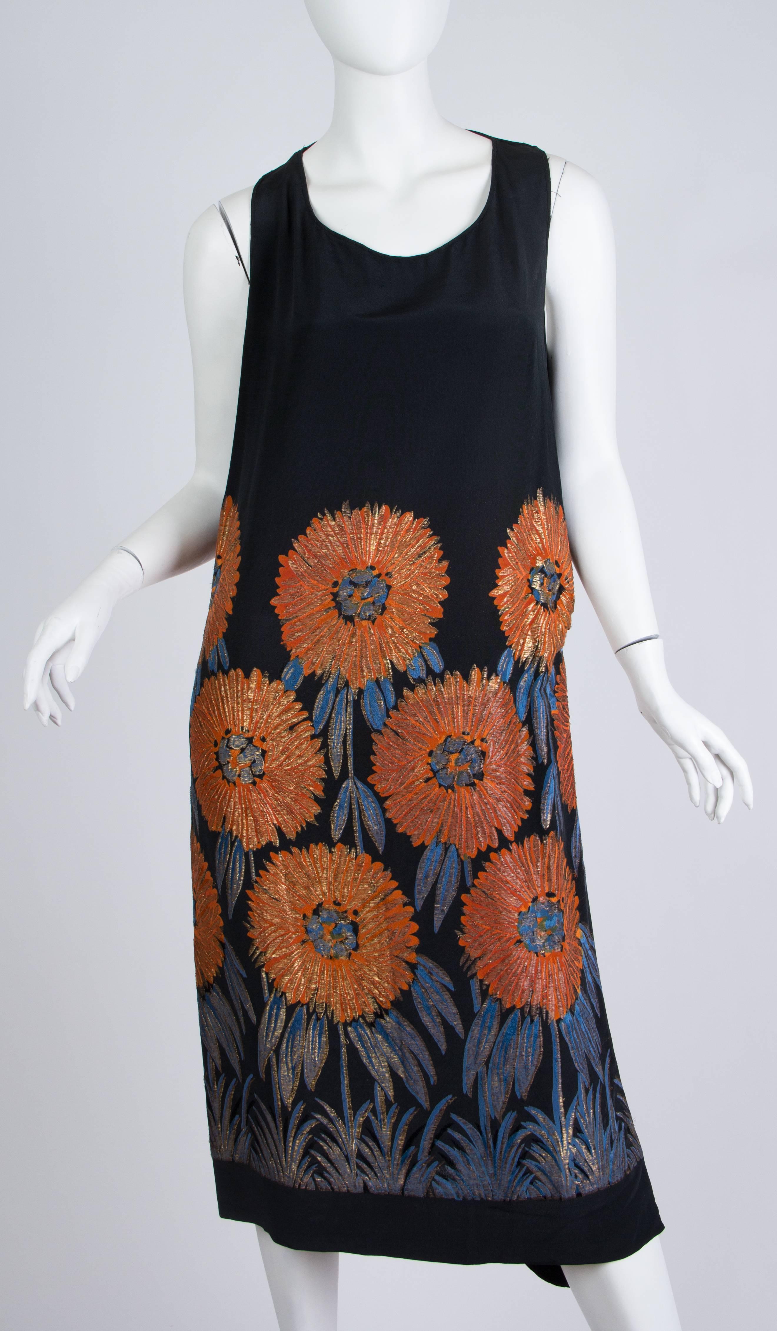 Black 1920S Gold Lamé Silk Jacquard Cocktail Dress With Large Orange & Blue Flowers For Sale