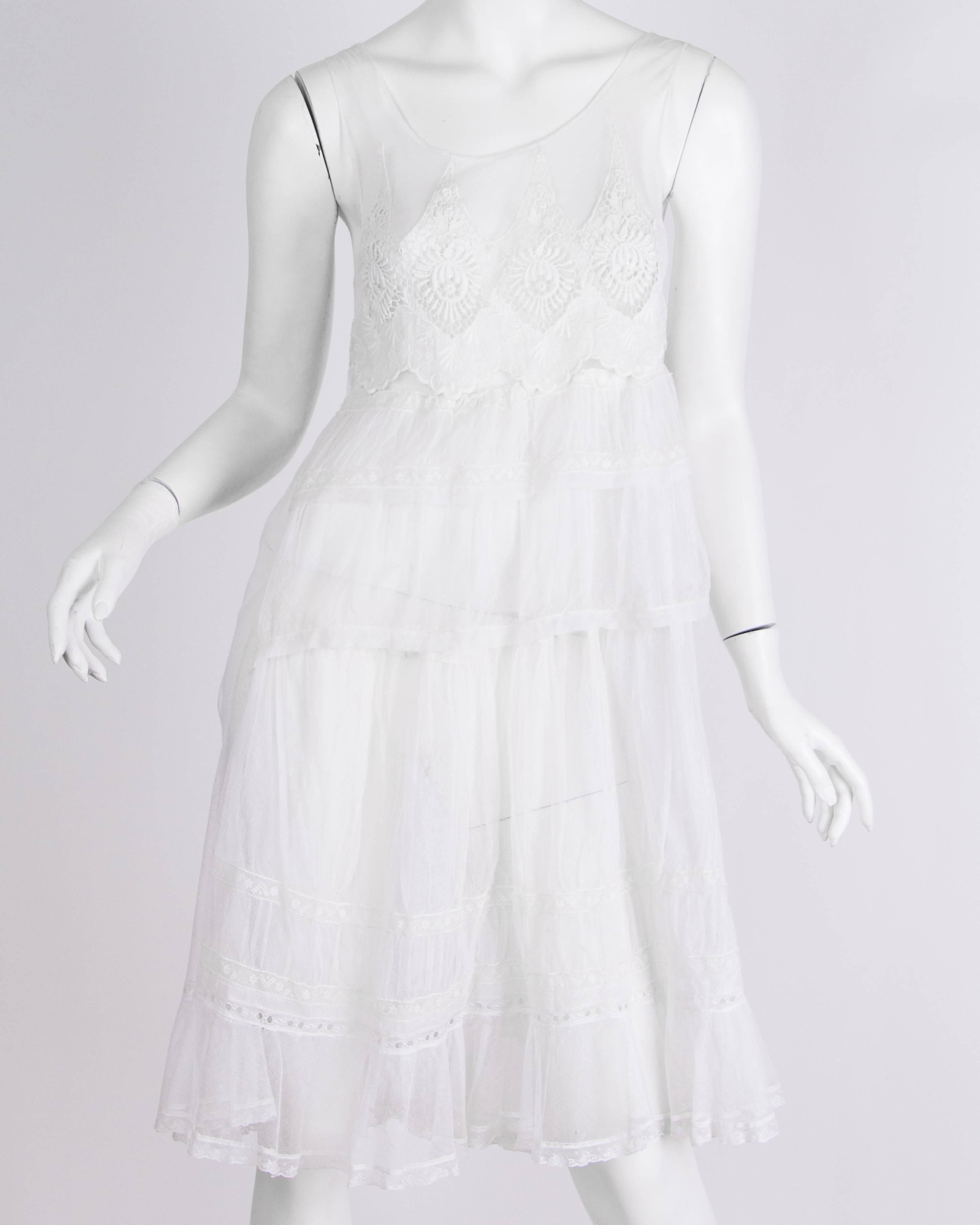 Gray 1920s Cotton Net and Lace Dress