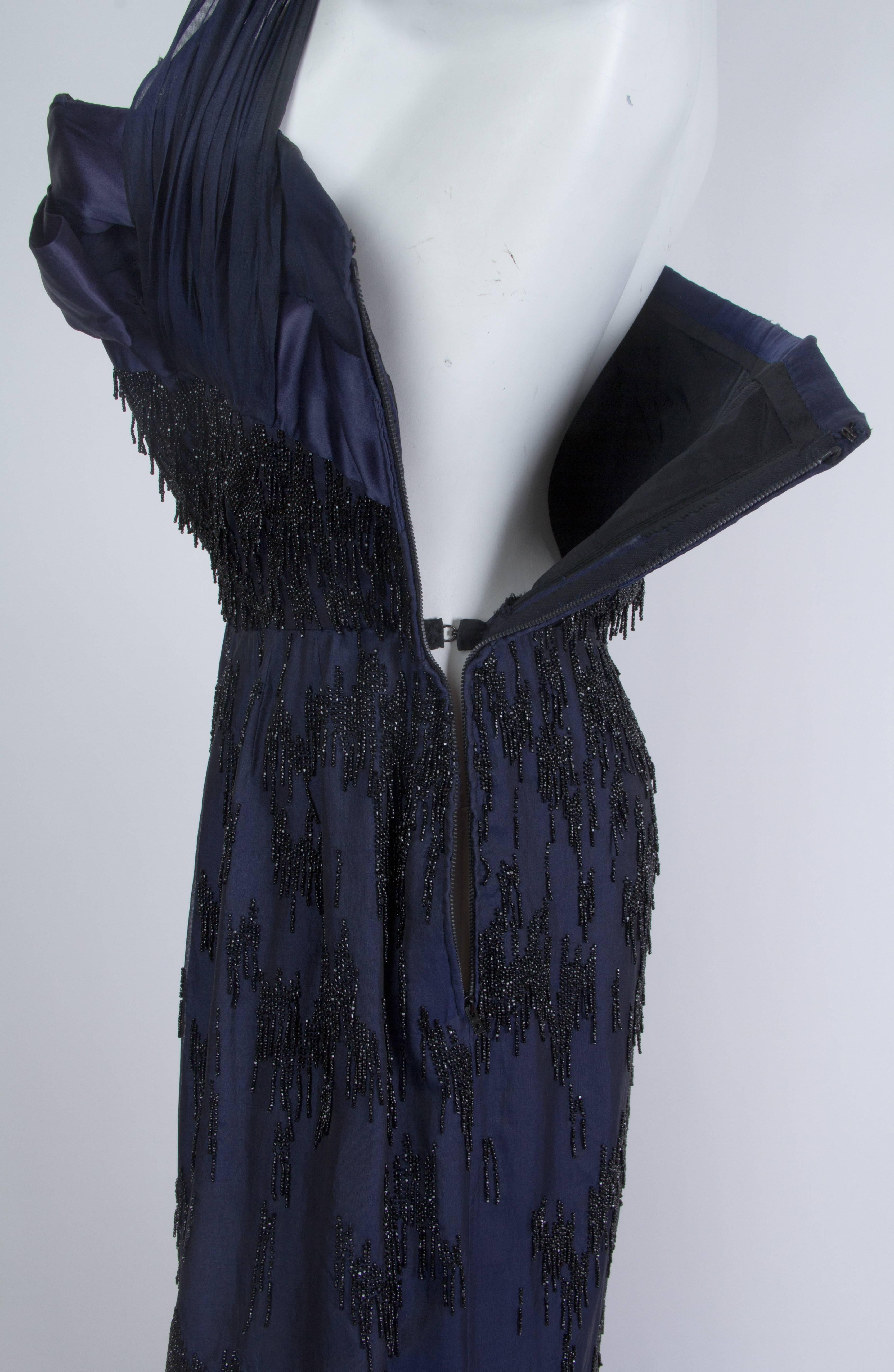 1950S PIERRE BALMAIN Black & Blue Haute Couture Silk Organza Beaded Trained Gow In Excellent Condition For Sale In New York, NY