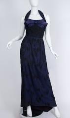 1950S PIERRE BALMAIN Black & Blue Haute Couture Silk Organza Beaded Trained Gow