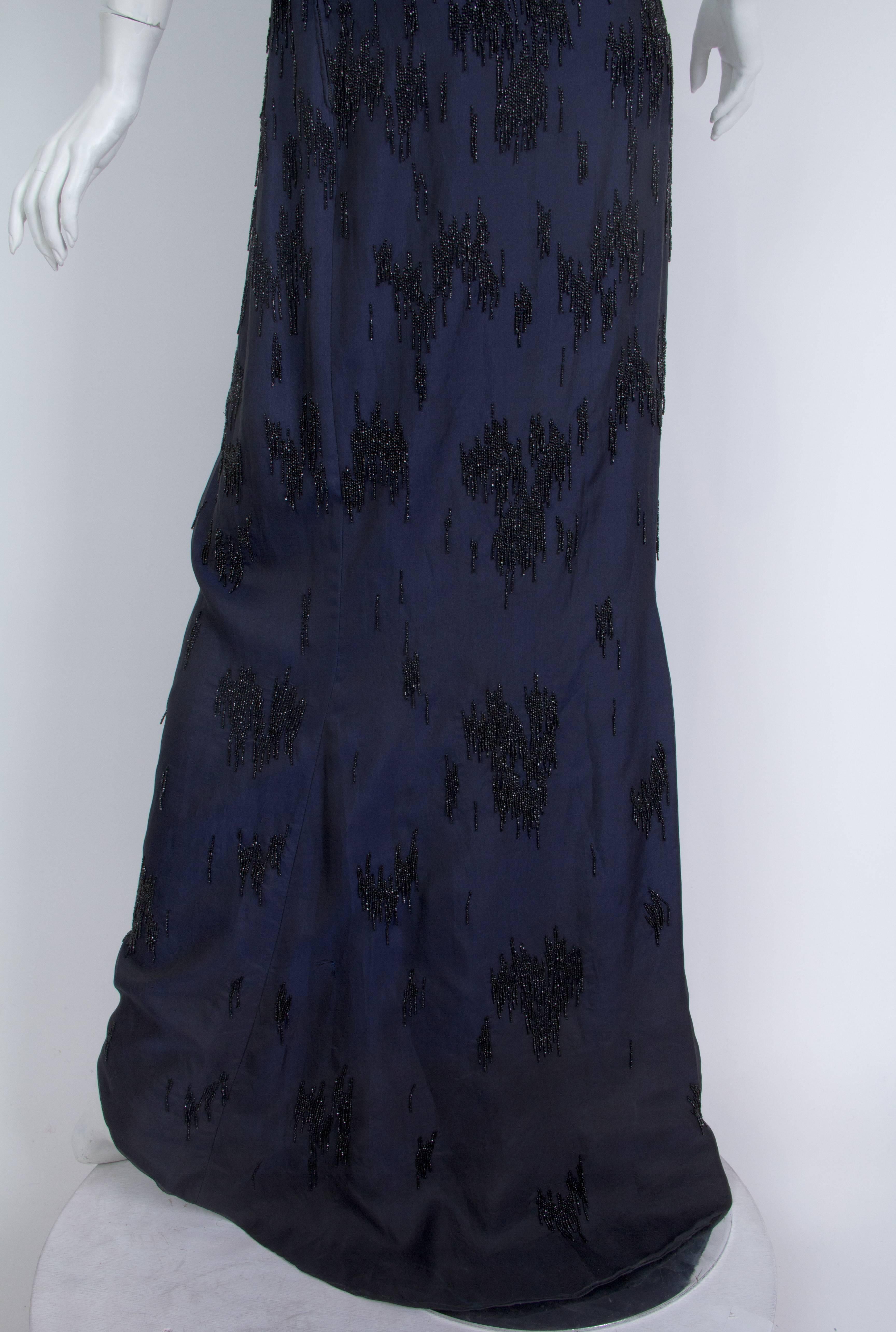 Women's 1950S PIERRE BALMAIN Black & Blue Haute Couture Silk Organza Beaded Trained Gow For Sale
