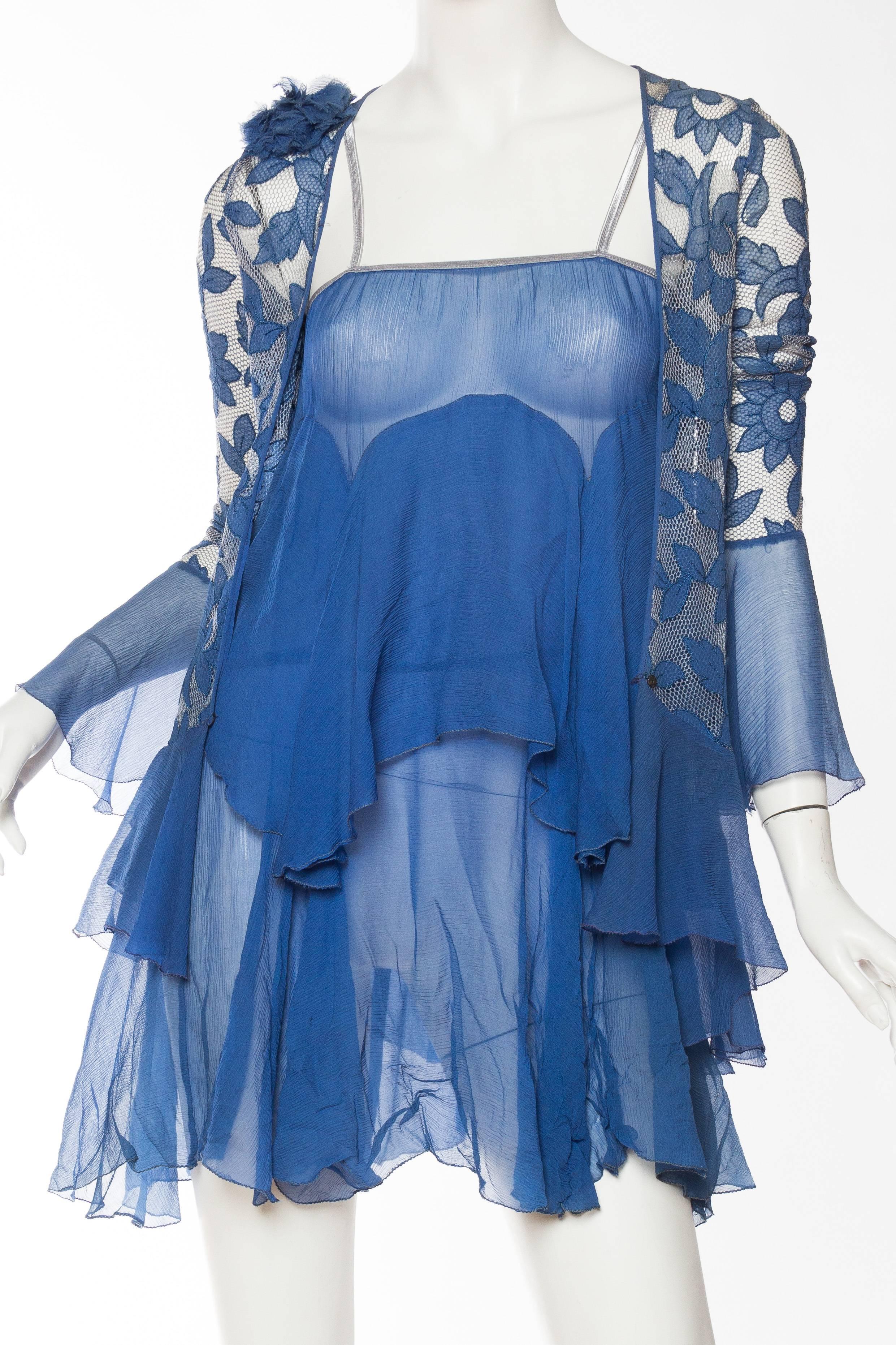 1920S Blue Floral Silk Chiffon Appliqué On Net Flutter Sleeve Jacket & Dress Ensemble