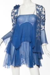 1920S Blue Floral Silk Chiffon Appliqué On Net Flutter Sleeve Jacket & Dress En