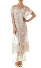 Edwardian Off White Cotton Embroidered Tulle & Lace Cold Shoulder Dress