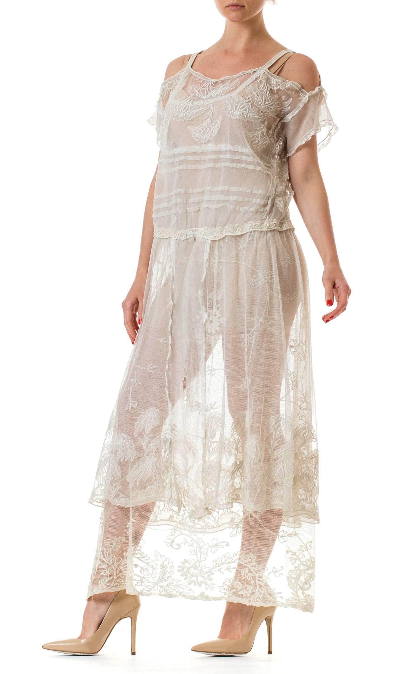 Gray Edwardian Off White Cotton Embroidered Tulle & Lace Cold Shoulder Dress