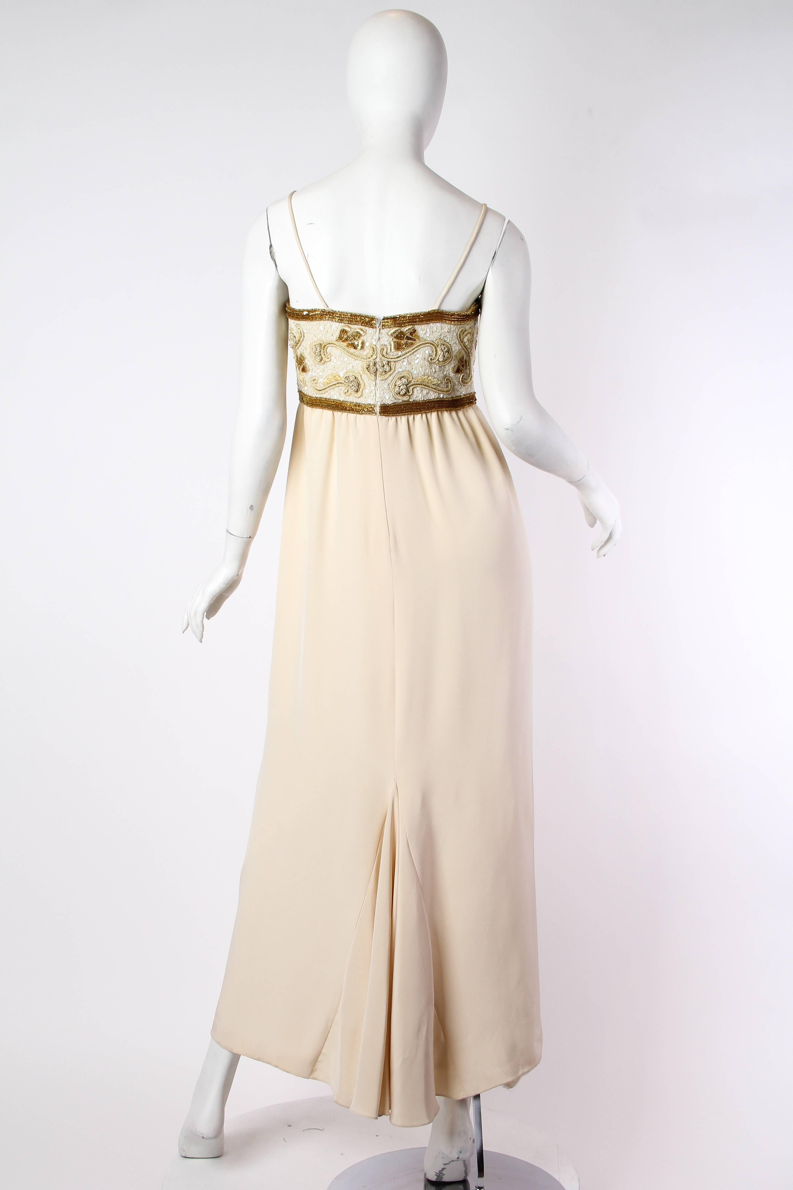 1980S KLEINFELD Ivory & Gold Silk Faille Hand Beaded And Embroidered Gown With  For Sale 1