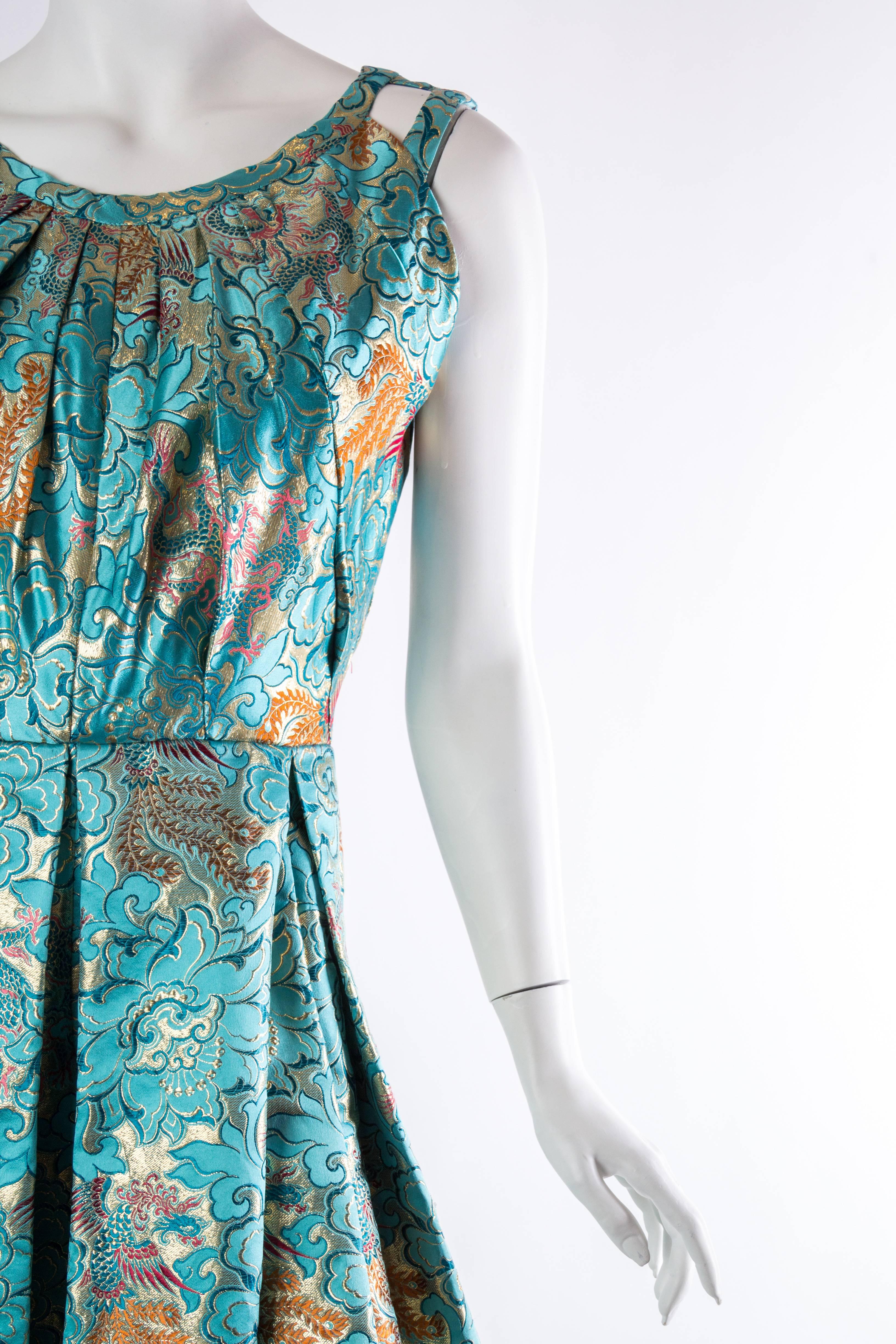 Women's MORPHEW COLLECTION Teal & Gold Asian Dragon And Phoenix Jacquard Reversible Gow
