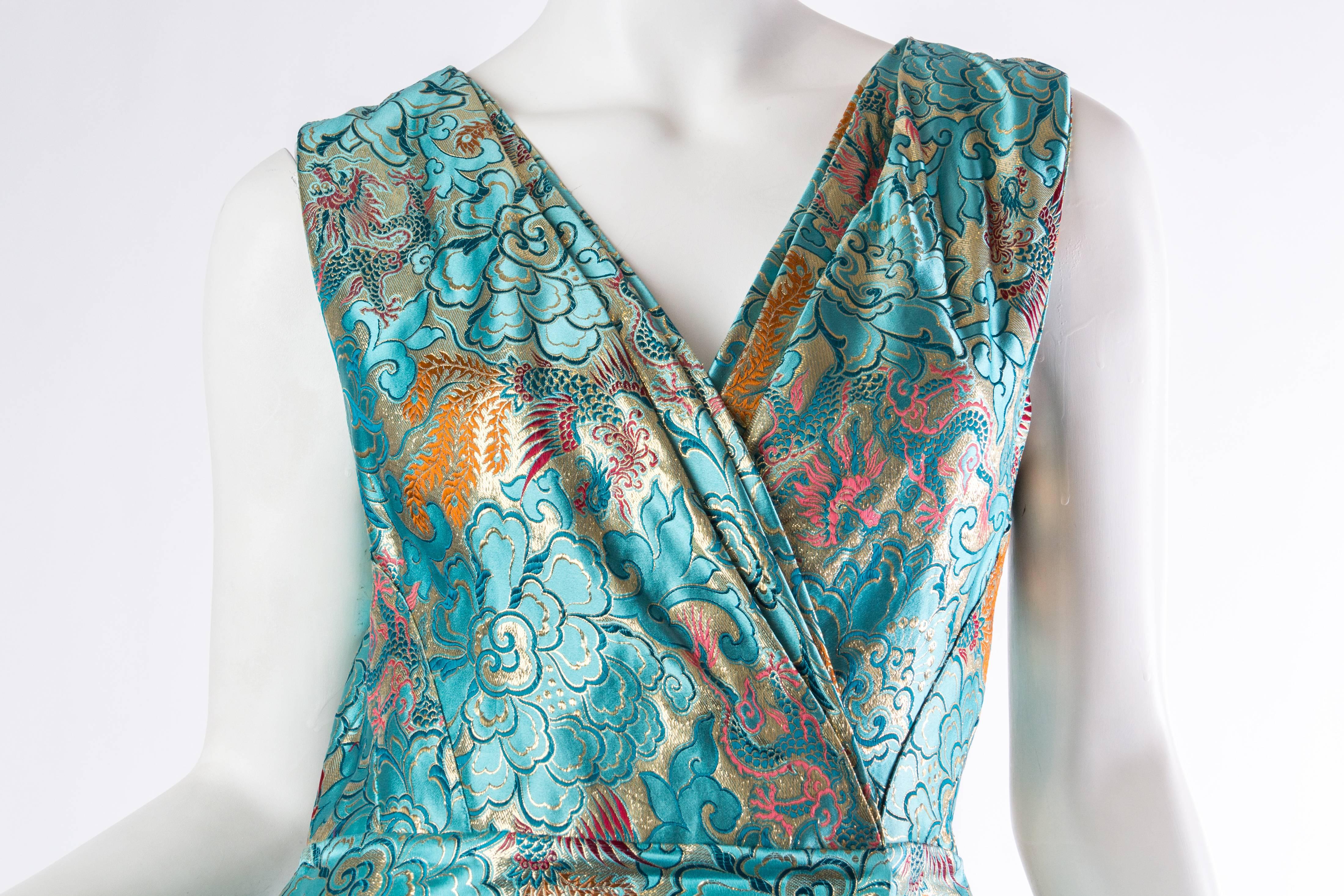 MORPHEW COLLECTION Teal & Gold Asian Dragon And Phoenix Jacquard Reversible Gow 1