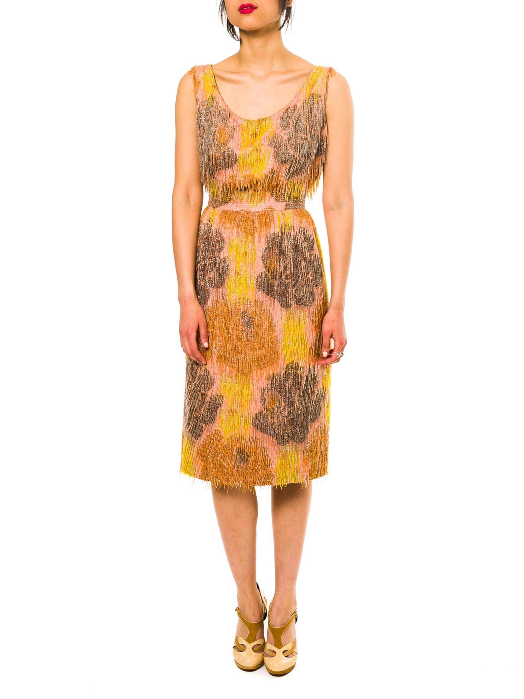 Marron 1950S CARVEN Amber Haute Couture Silk Taffeta Handwoven Floral Ikat Cocktail Dr en vente