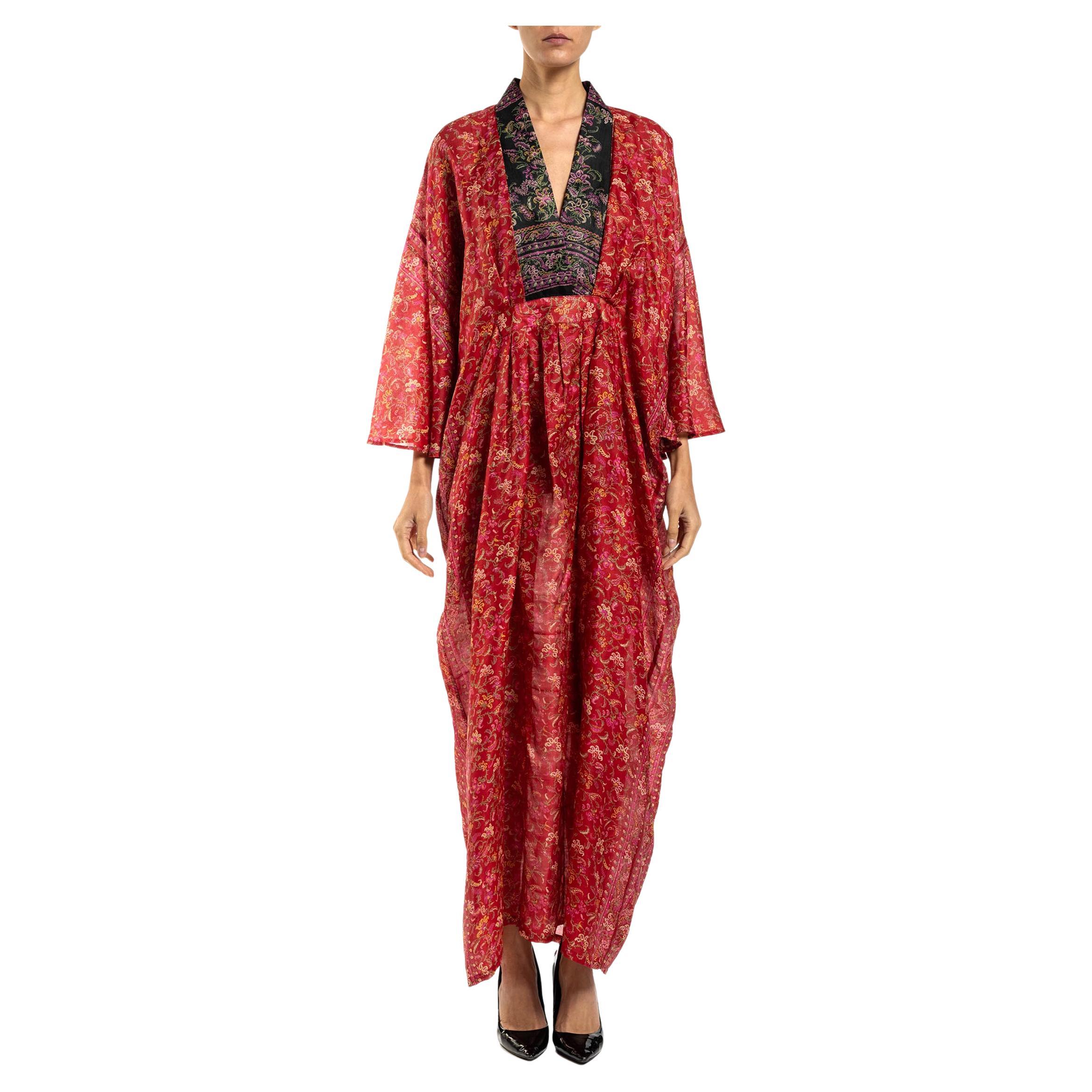 MORPHEW COLLECTION Red & Black Paisley Silk Floral Kaftan Made From Vintage Sari For Sale
