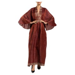 MORPHEW COLLECTION Burgundy Floral Silk Checkered Kaftan Made From Vintage Sari