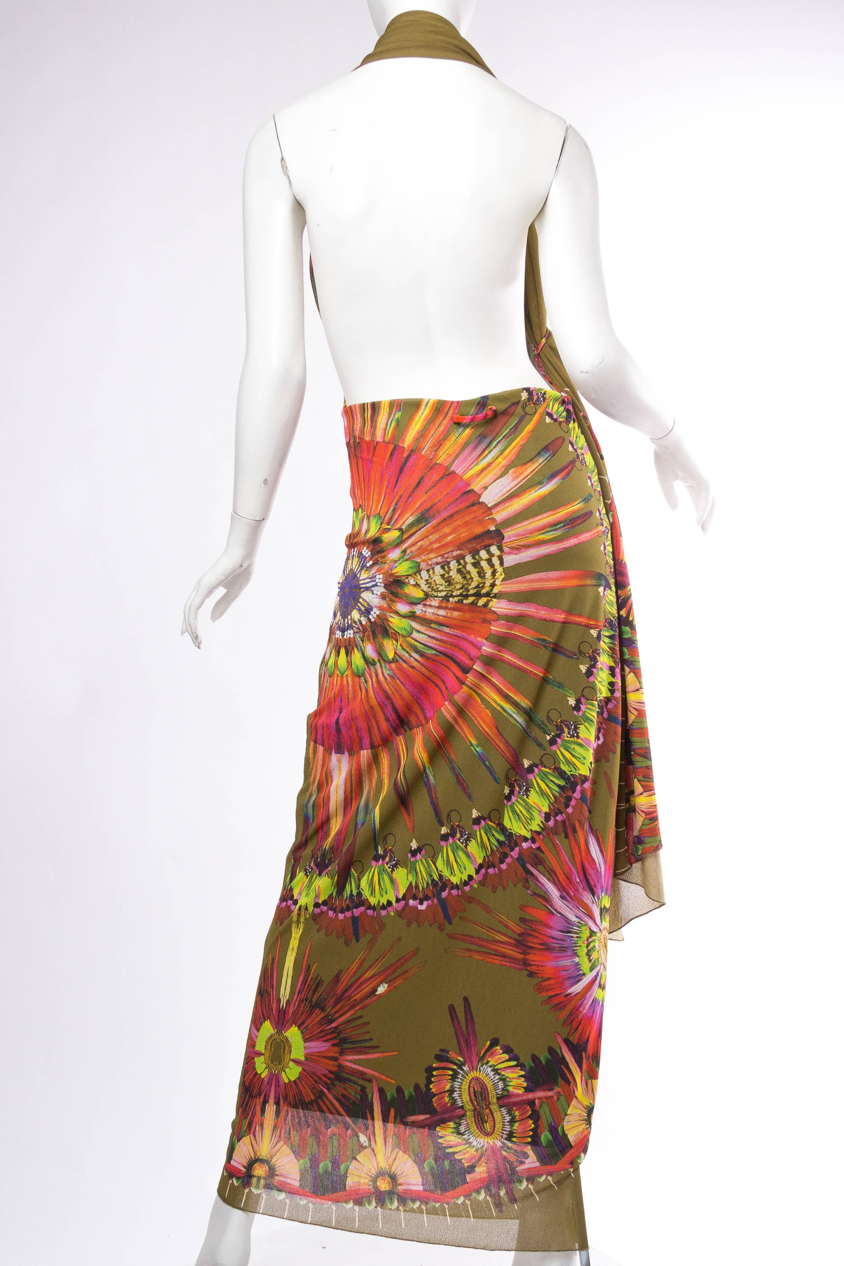 Jean Paul Gaultier Backless Tropical Tribal Feather Print Dress In Excellent Condition In New York, NY