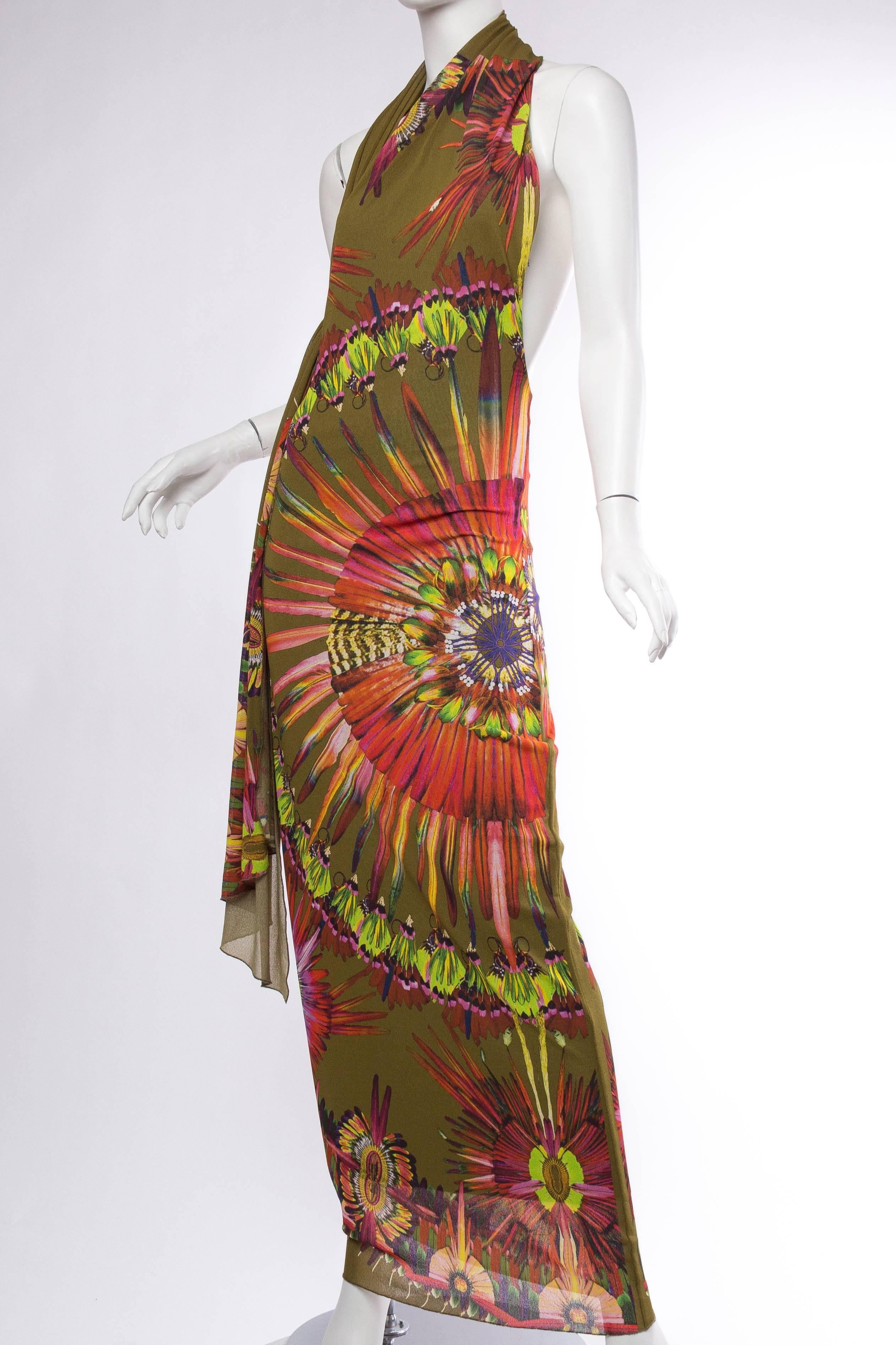 Brown Jean Paul Gaultier Backless Tropical Tribal Feather Print Dress