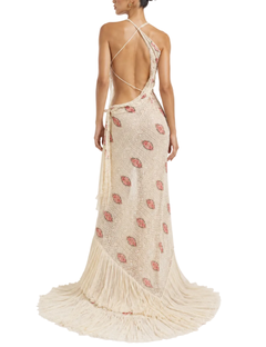 MORPHEW ATELIER Cream Cotton / Rayon 1930'S Lace Gown With Slit & Ruffled Train