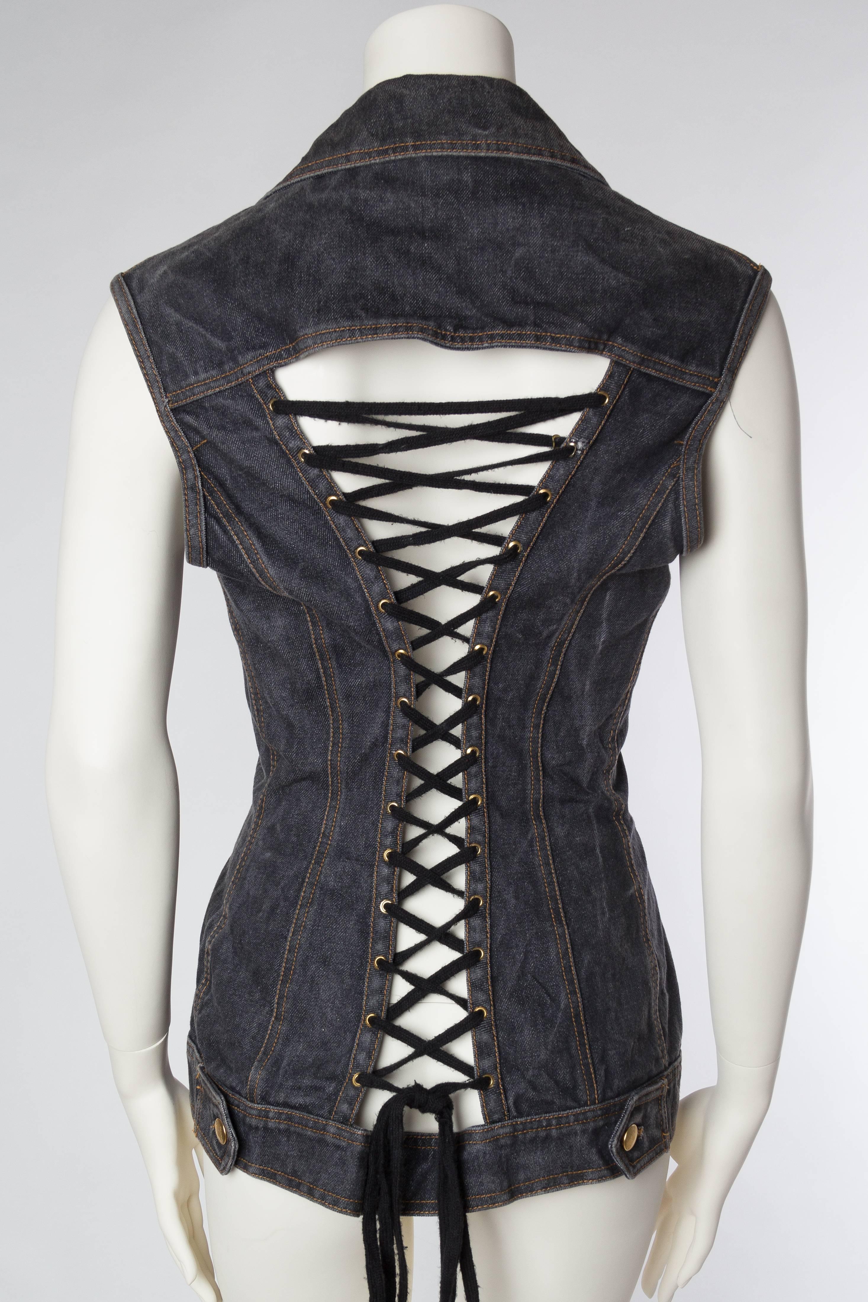 Black 1990S JEAN PAUL GAULTIER Grey Cotton Denim Jacket Top With Corset Laced Back