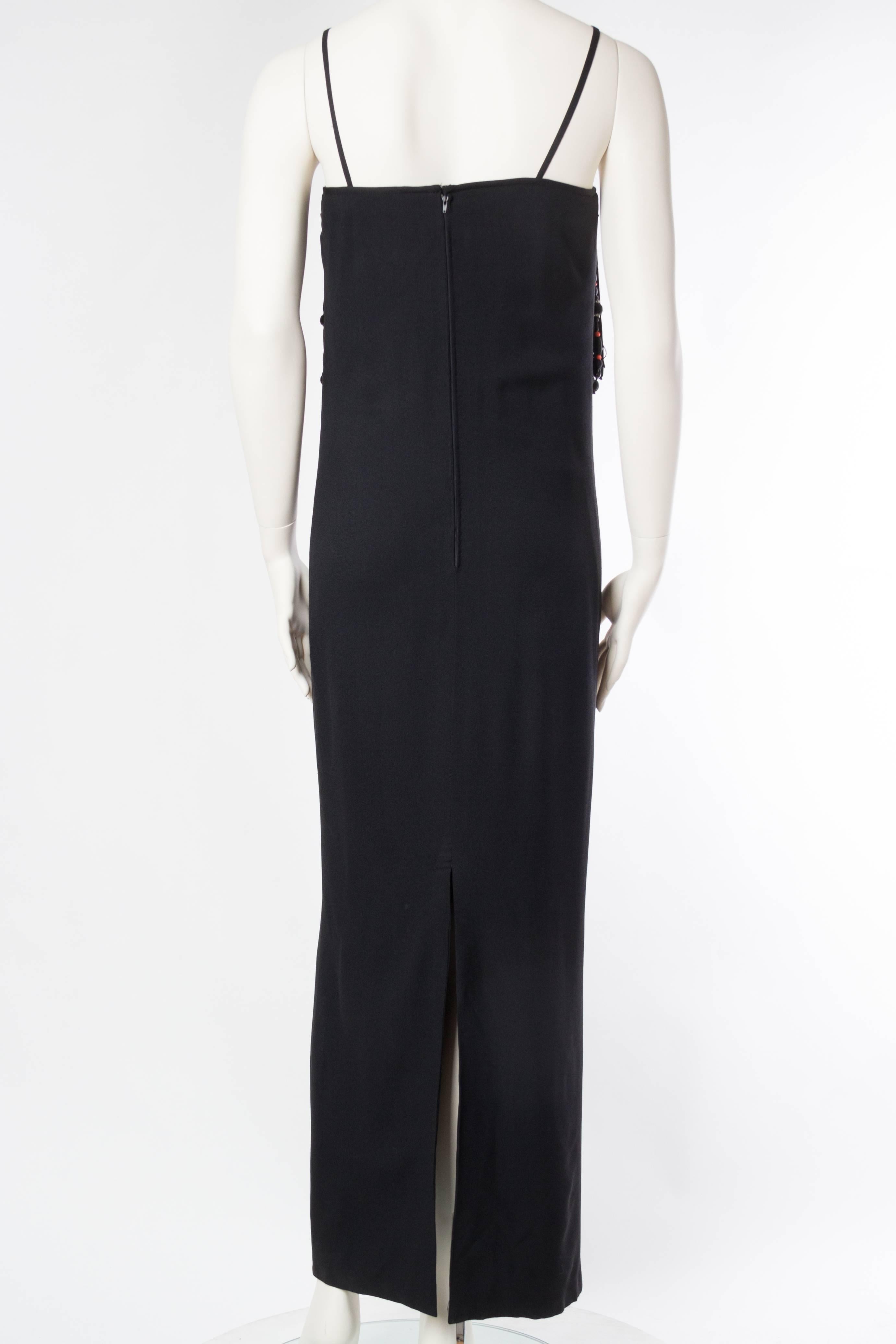 Women's 1970S VALENTINO Black Silk Crepe Gown With Beaded Crystal Roses & Epic Passemen For Sale