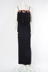 1970S VALENTINO Black Silk Crepe Gown With Beaded Crystal Roses & Epic Passemen