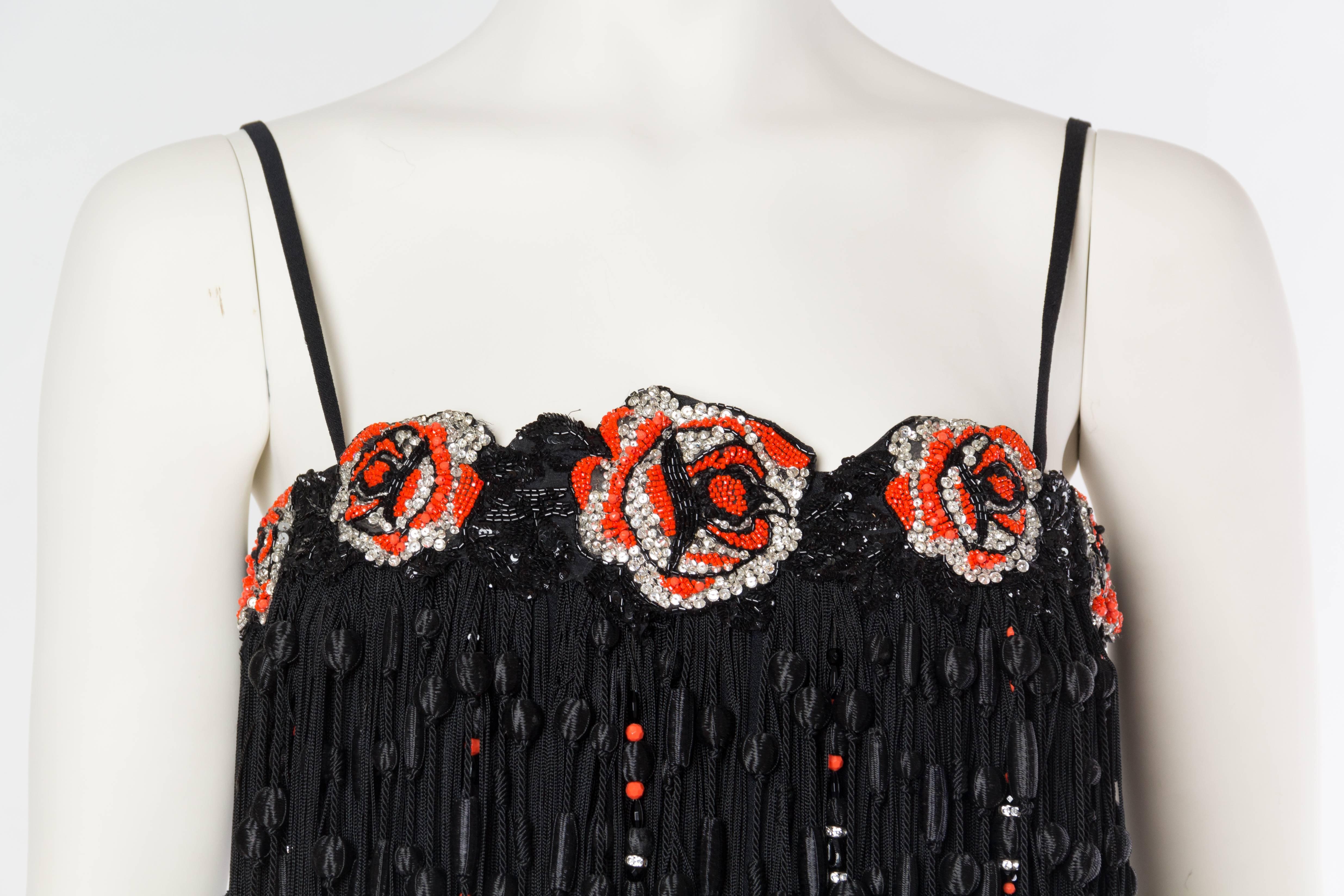 1970S VALENTINO Black Silk Crepe Gown With Beaded Crystal Roses & Epic Passemen For Sale 1