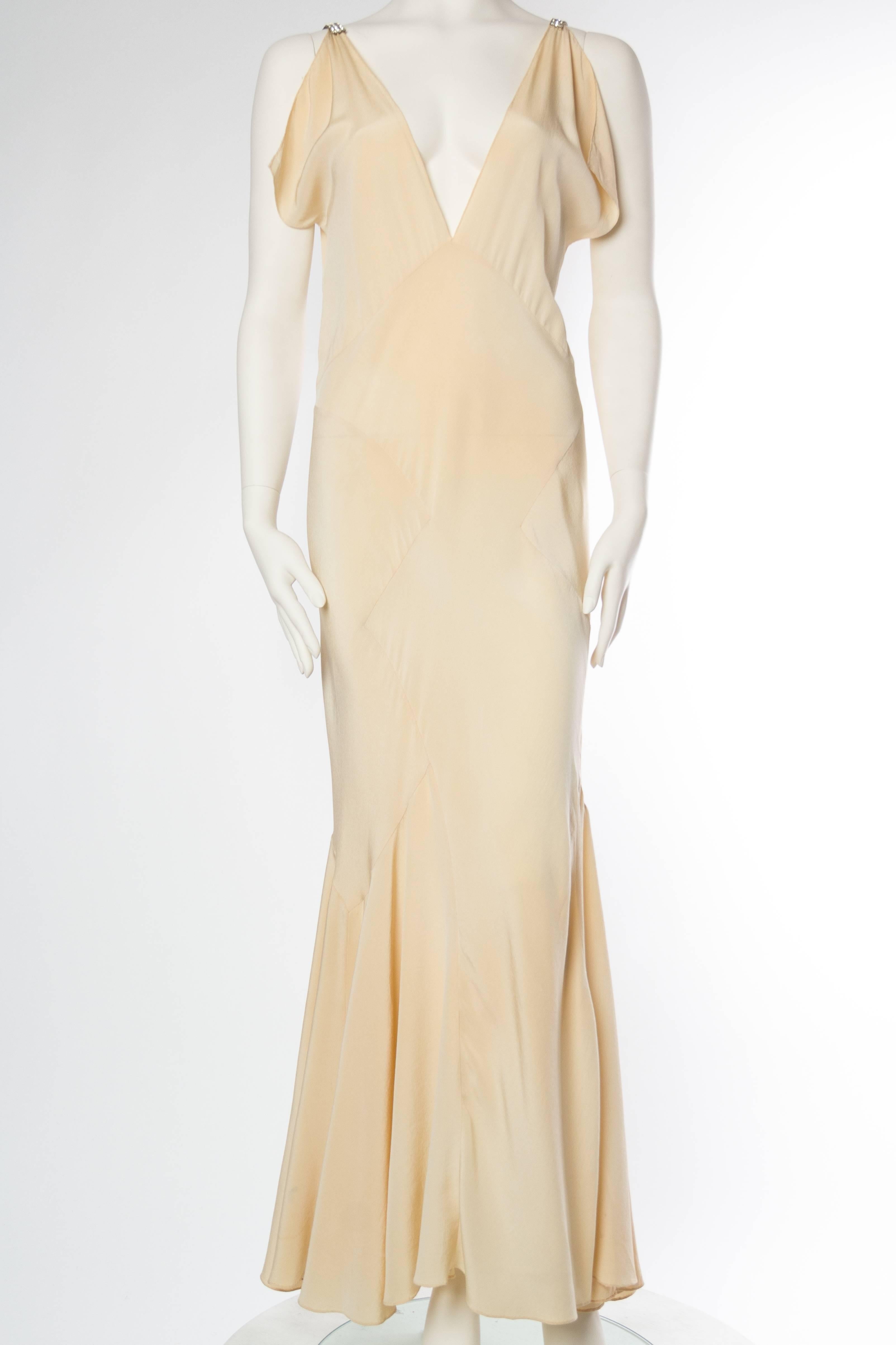 Beige 1930s Bias Silk Art Deco Gown with Crystals