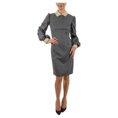 1990S Grey Cashmere Blend Silk Lined Dress With Pearl & Beaded Collar & Cuffs